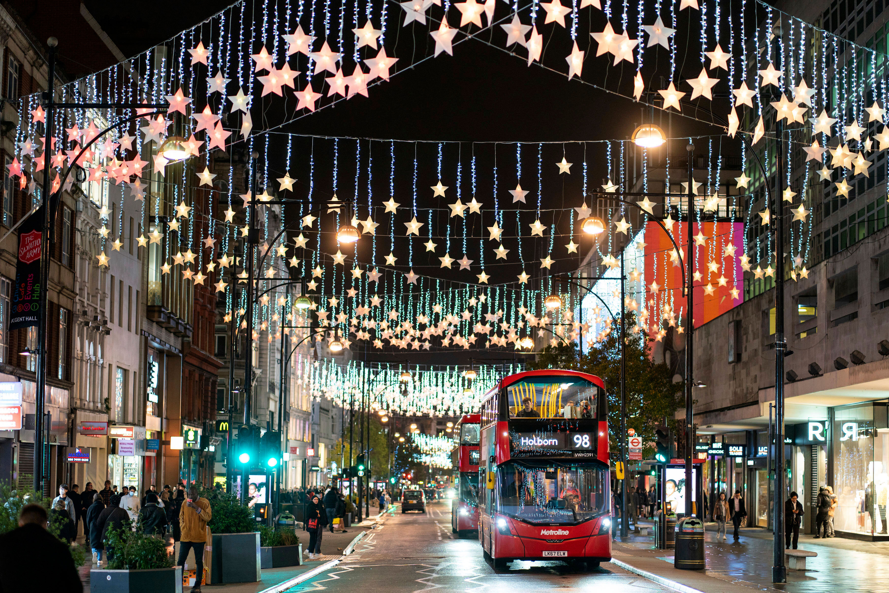 Christmas lights shine above Oxford Street in London on November 12.