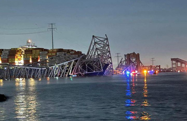 A view of the Singapore-flagged container ship DALI after it collided with a pillar of the Francis Scott Key Bridge in Baltimore, Maryland, U.S., in this picture released on March 26. 