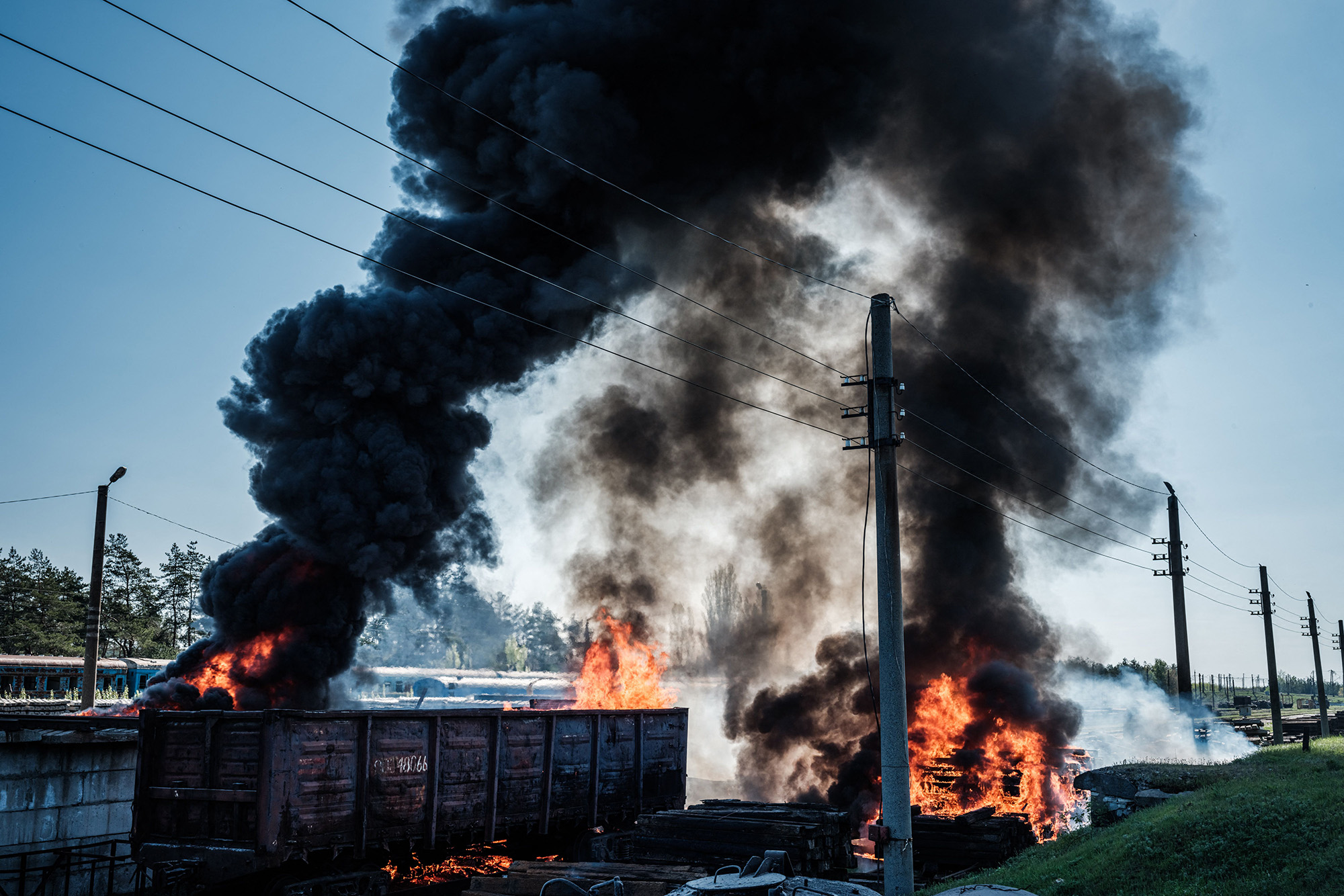 Rail infrastructure on fire after a shelling near the Lyman station in Lyman, eastern Ukraine, on April 28.