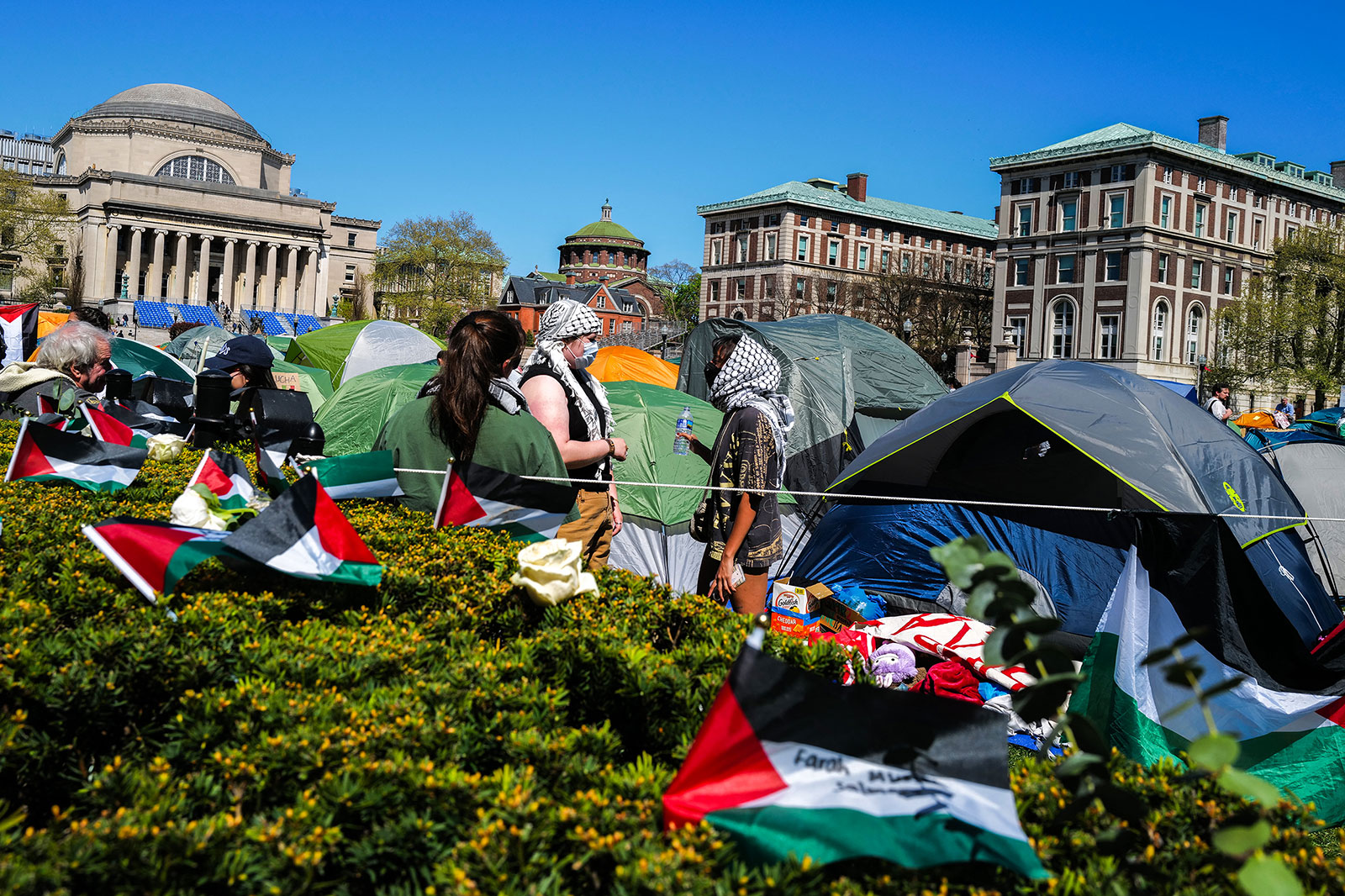 Protesters gather on the campus of Columbia University in New York on Tuesday.