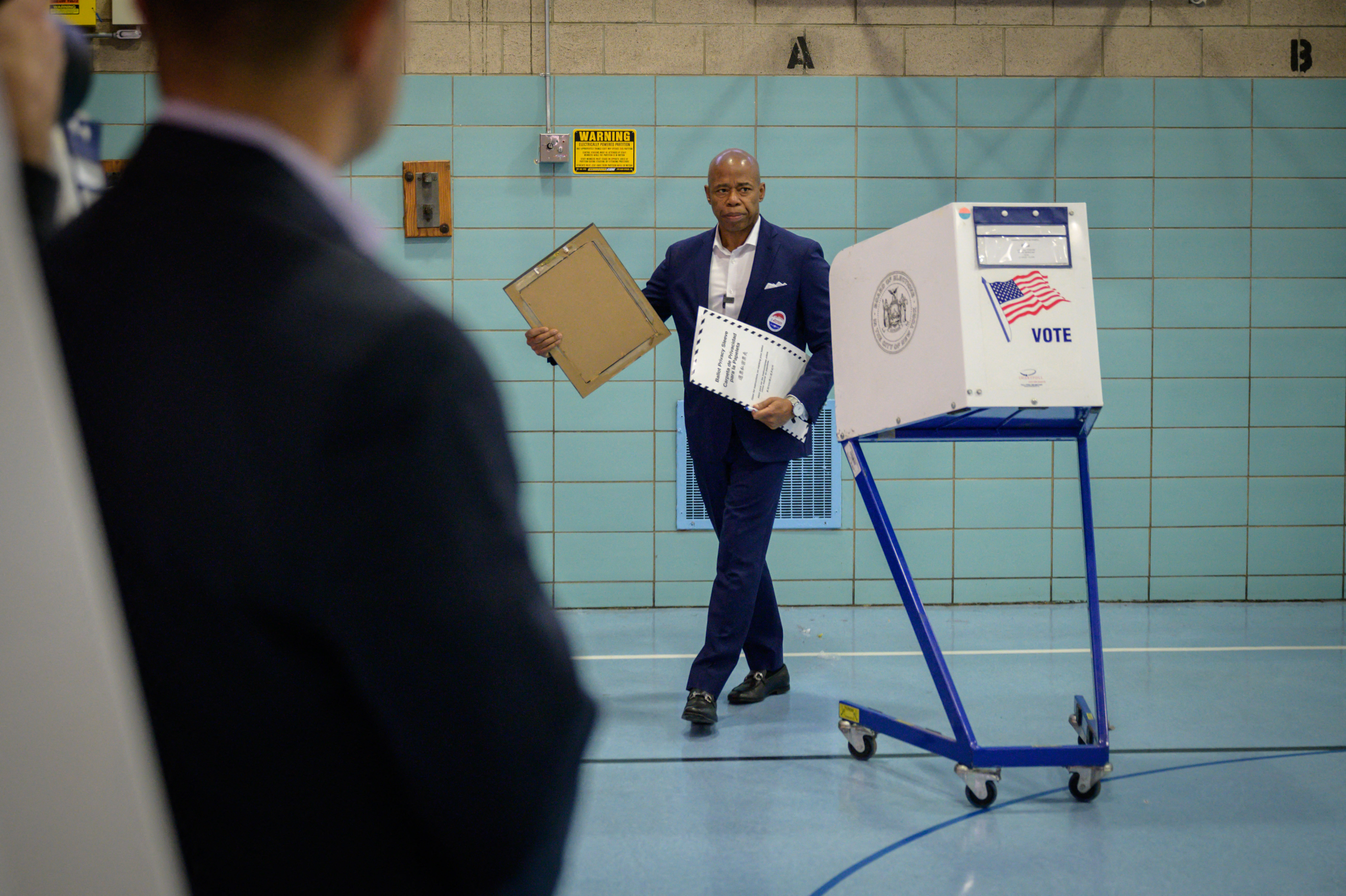 New York democratic mayoral candidate Eric Adams prepares to cast his vote at a voting center in Brooklyn, New York, on Tuesday, November 2.