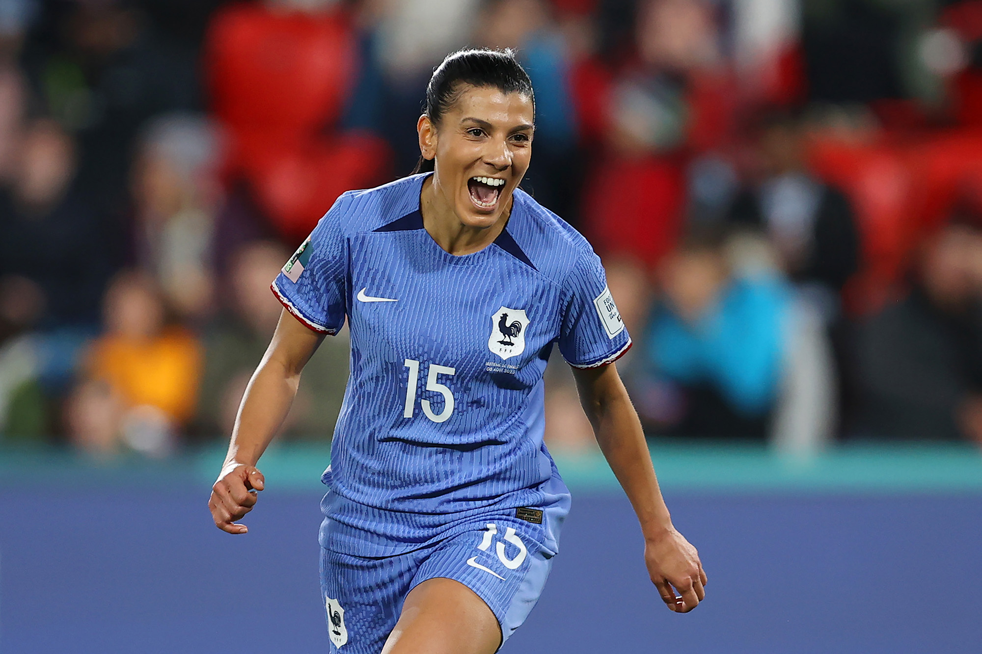 Kenza Dali of France celebrates after scoring her team's second goal against Morocco at Hindmarsh Stadium on August 8 in Adelaide.