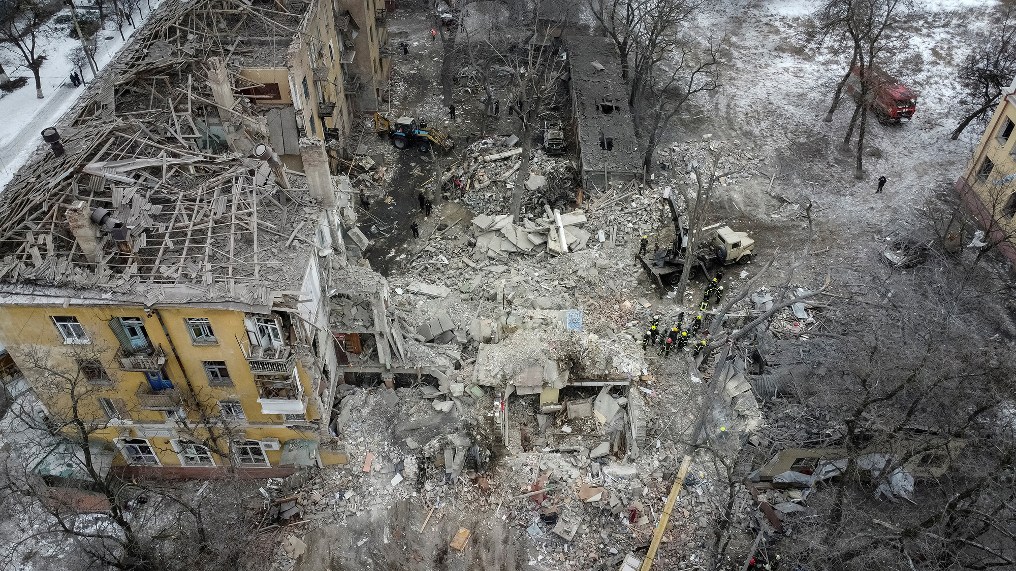 Rescuers work at the site of a residential building destroyed by a Russian missile strike, in Kramatorsk, Ukraine, on February 2.