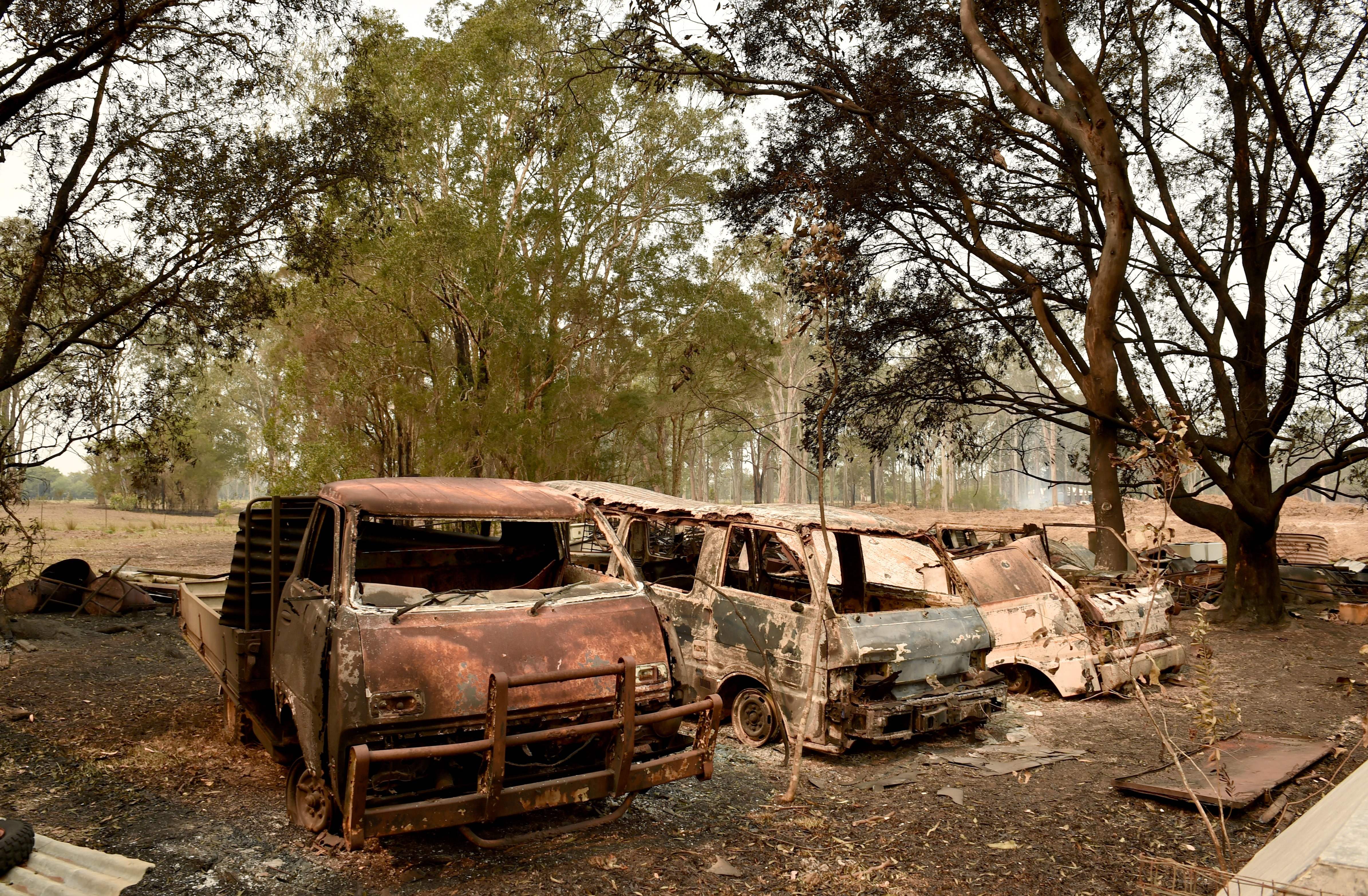 Burned cars and property north of Sydney, Australia, on November 11, 2019.