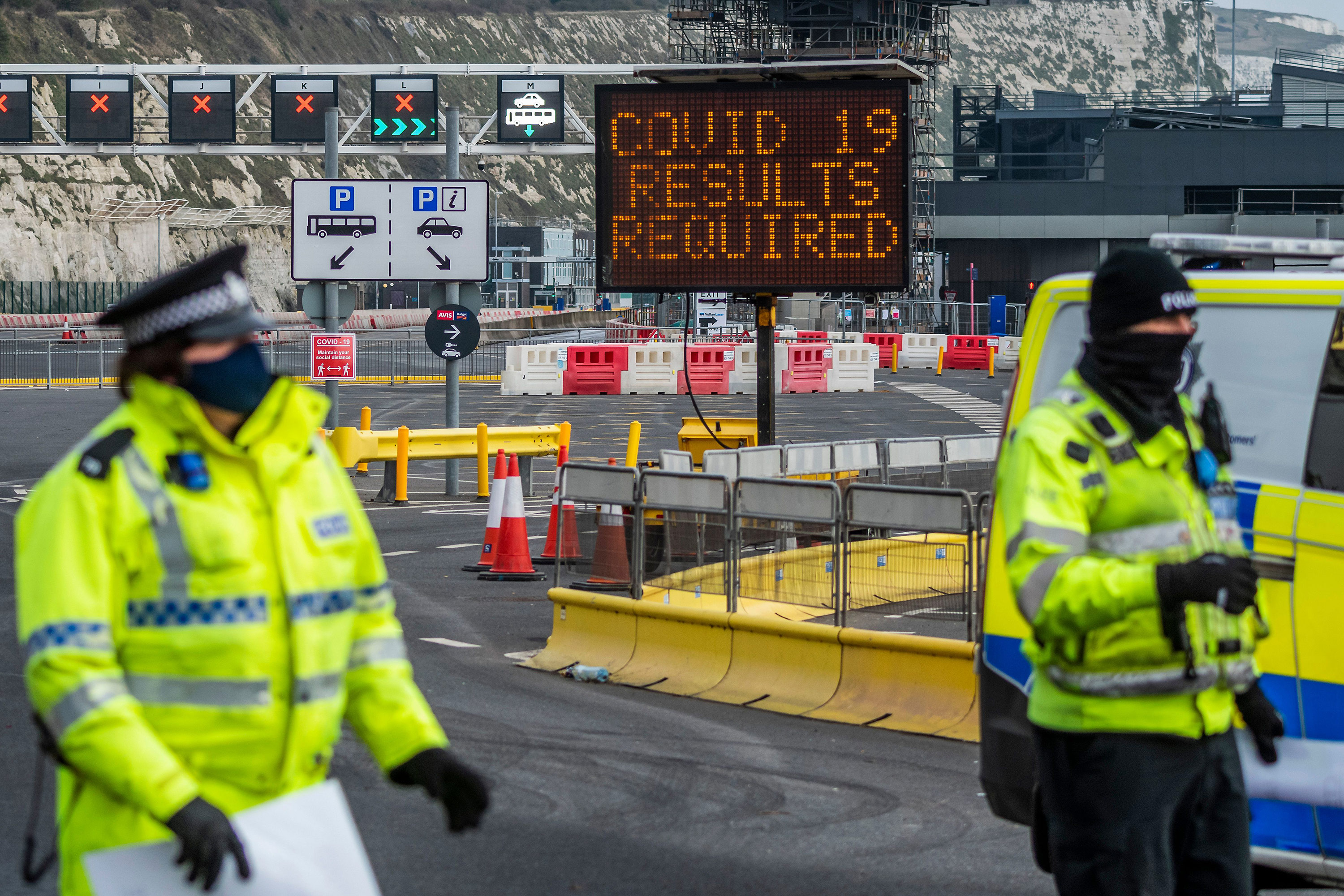 Police check to see if drivers have valid covid certificates at a ferry border in Dover, England, on January 1. 