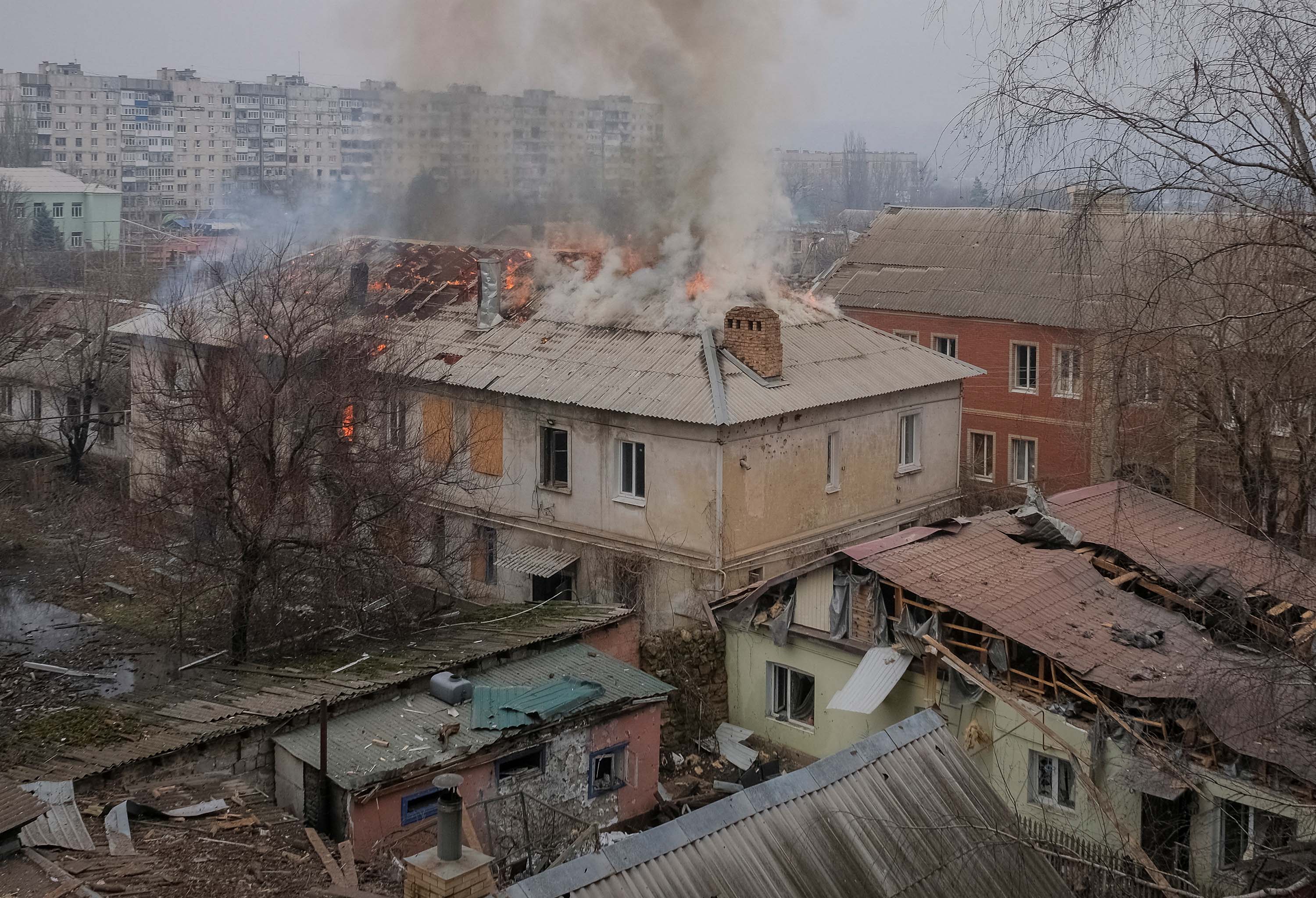 A general view shows buildings damaged by a Russian military strike in the frontline city of Bakhmut, Ukraine, on February 27. 