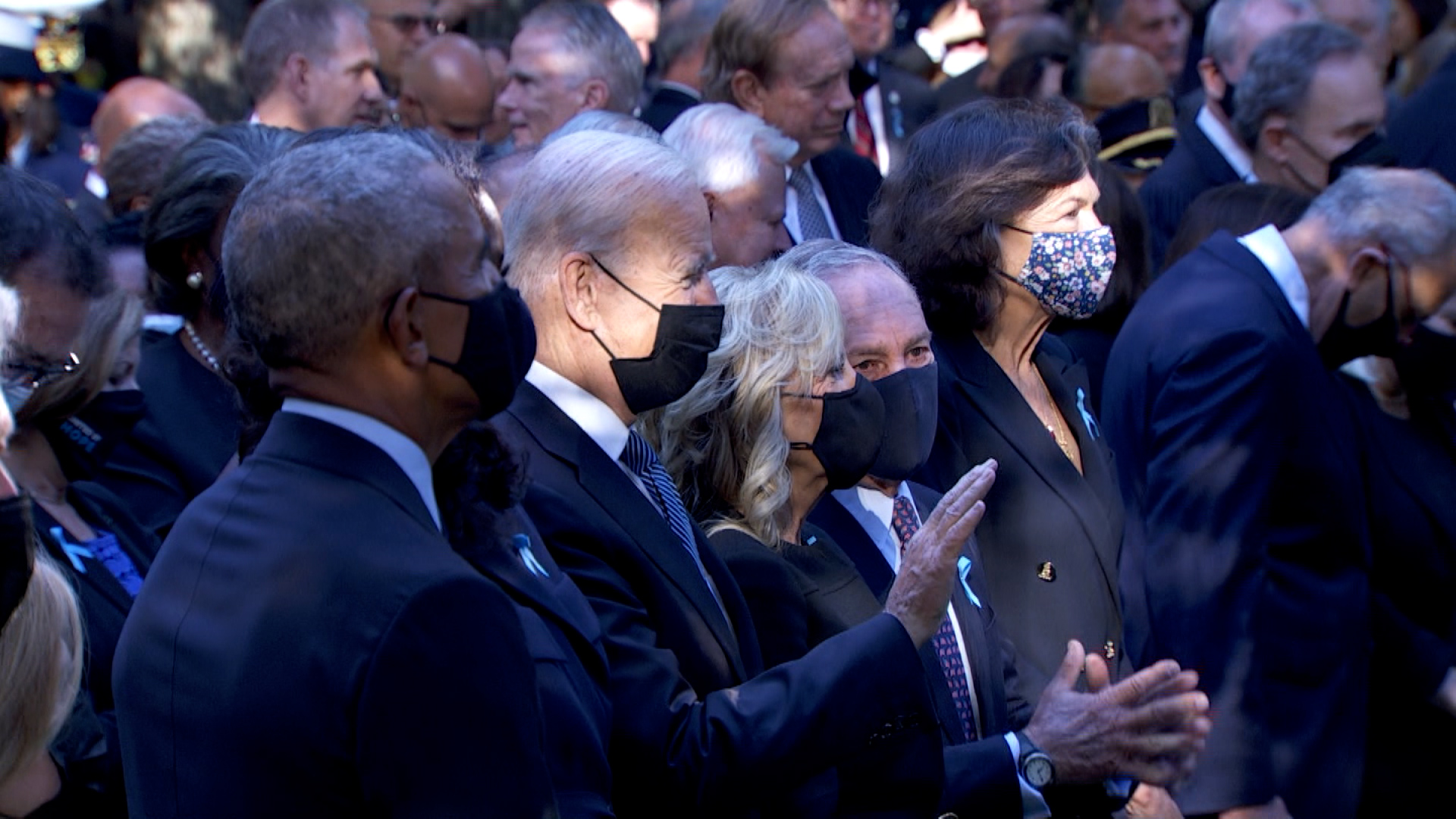 Biden and the first lady are joined by the Obamas and the Clintons for a tribute in New York as the US marks the anniversary of 9/11