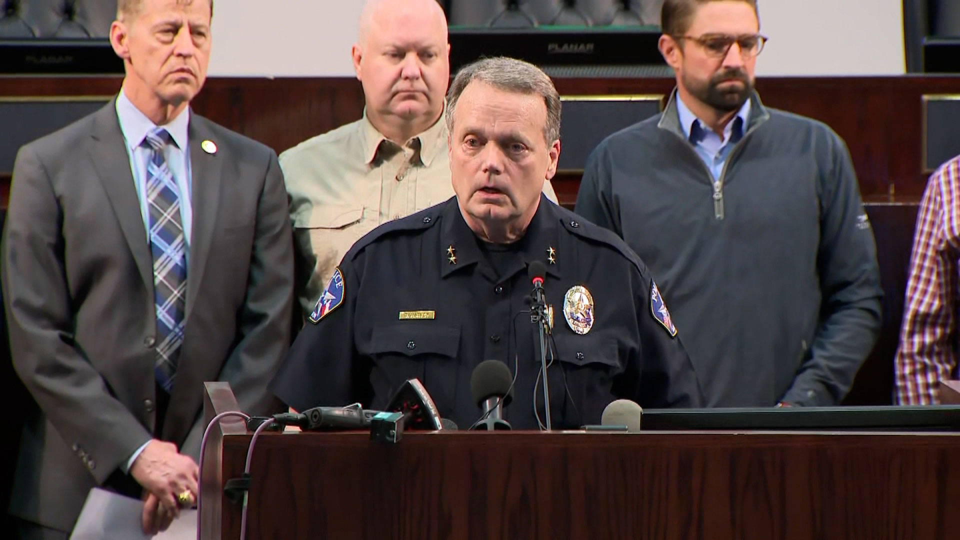 Allen Police Chief Brian Harvey speaks at a news conference Saturday. 