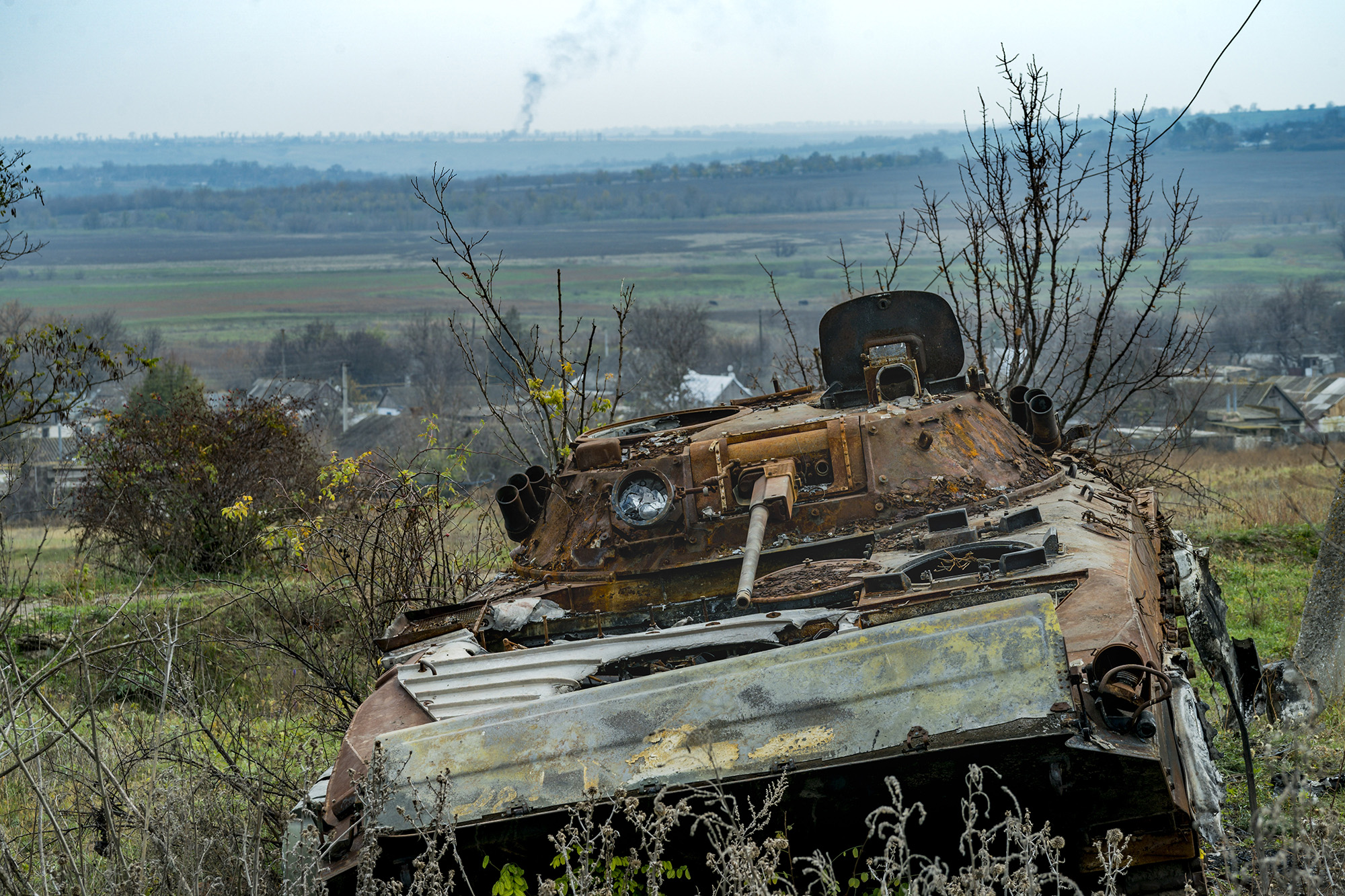 A destroyed Russian tank in the outskirts of Ivanivka, a liberated village in the Kherson region, Ukraine, on November 9. 