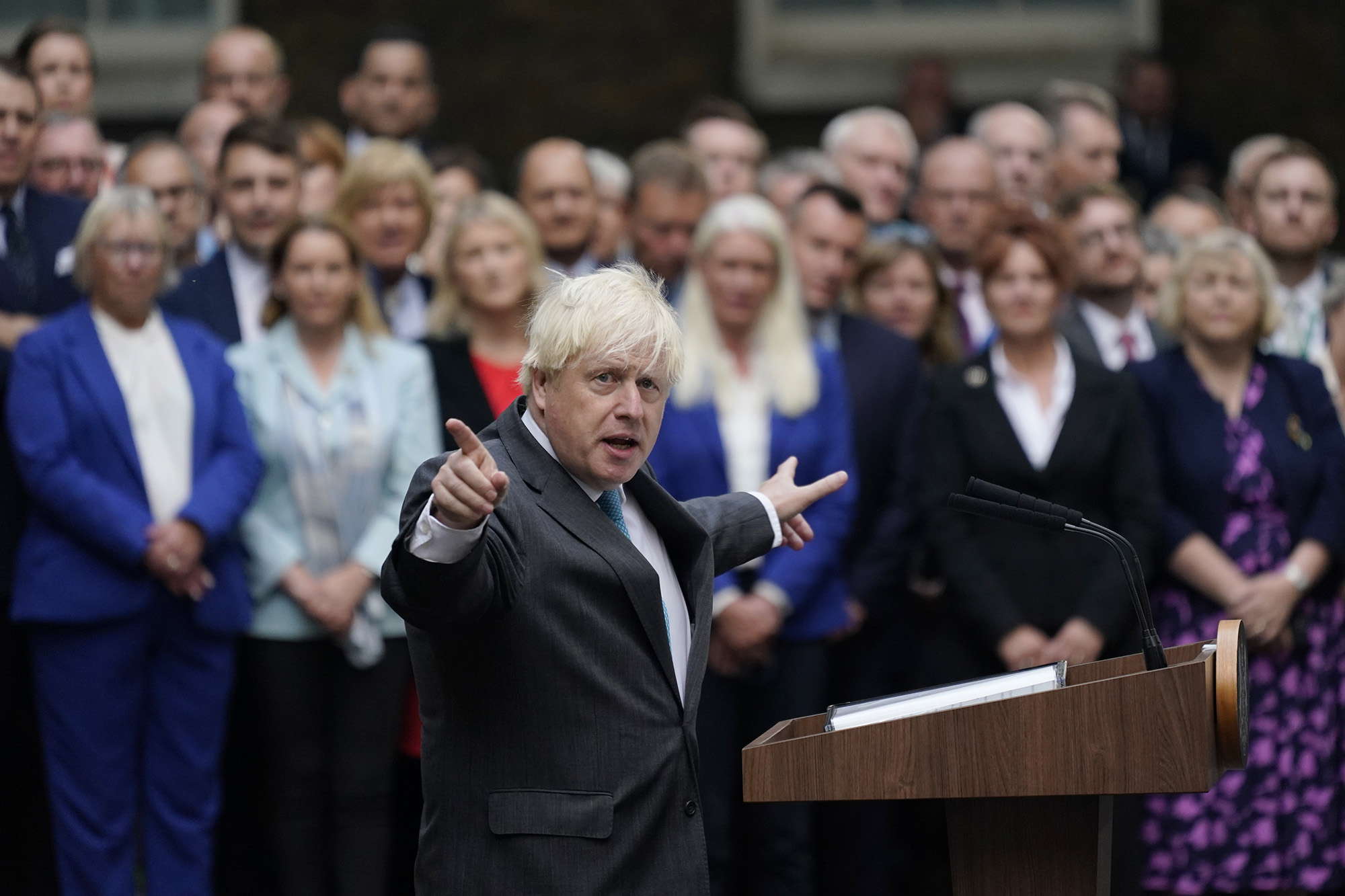 Outgoing British Prime Minister Boris Johnson speaks outside Downing Street in London, England, on September 6.