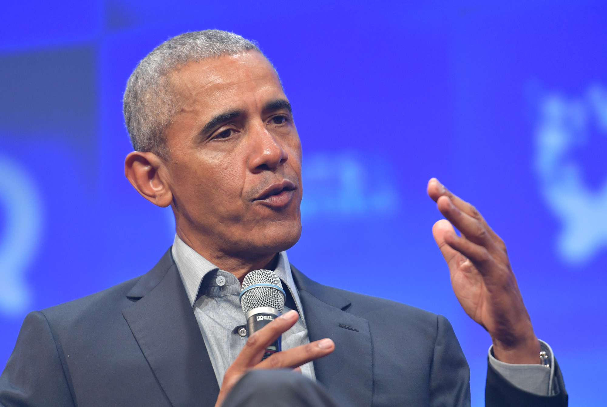 Former U.S. President Barack Obama speaks at the opening of the Bits & Pretzels meetup on September 29, 2019 in Munich, Germany. 