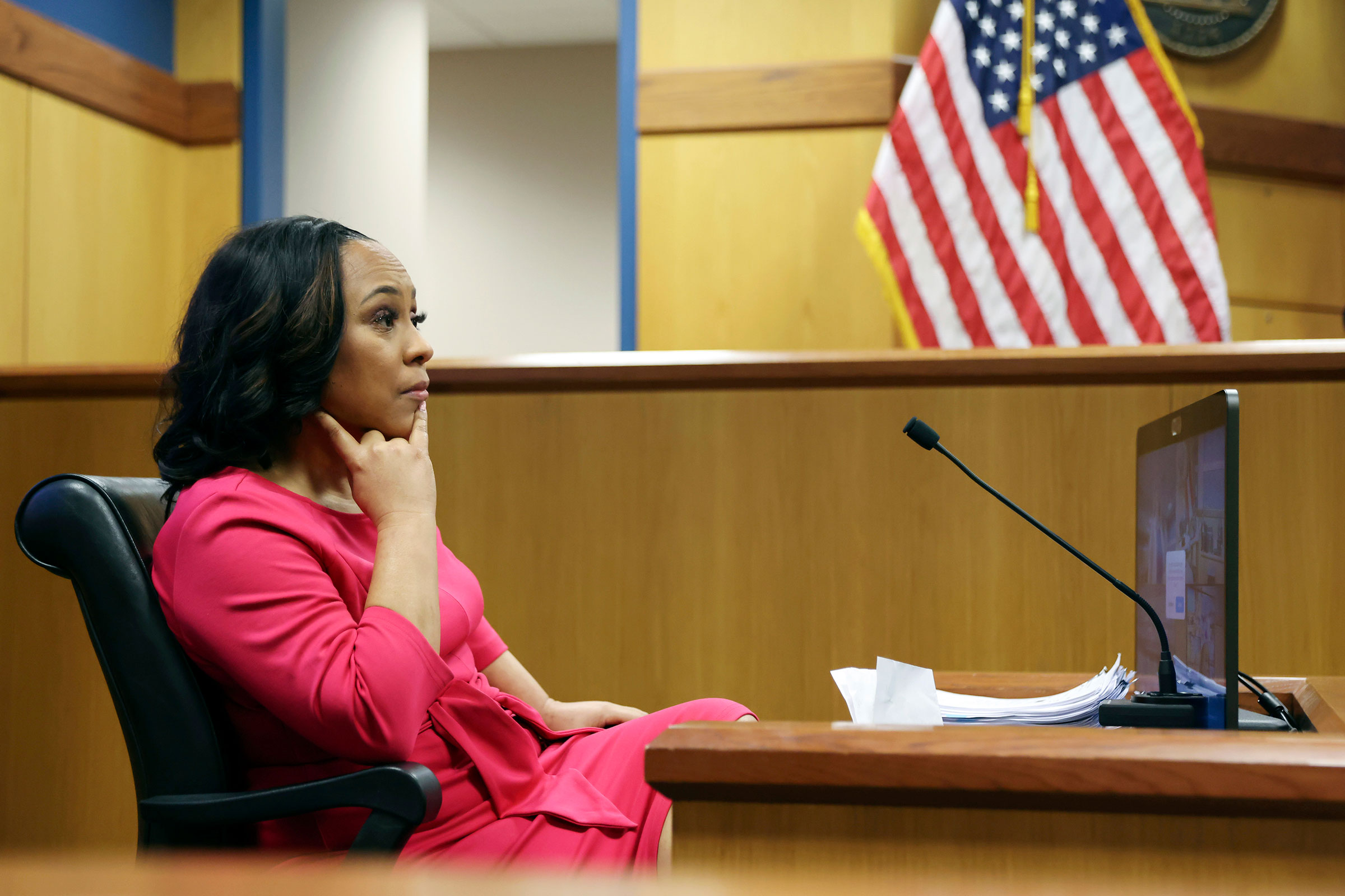 Fulton County District Attorney Fani Willis takes the stand during a hearing on the Georgia election interference case on Thursday in Atlanta.