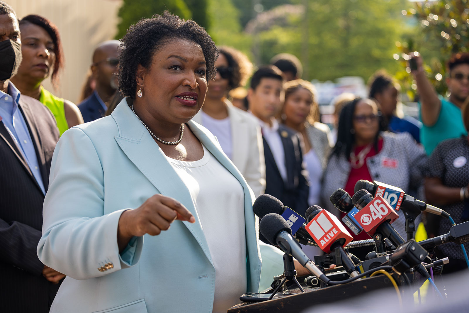Stacey Abrams speaks to the press in Atlanta on July 20. 