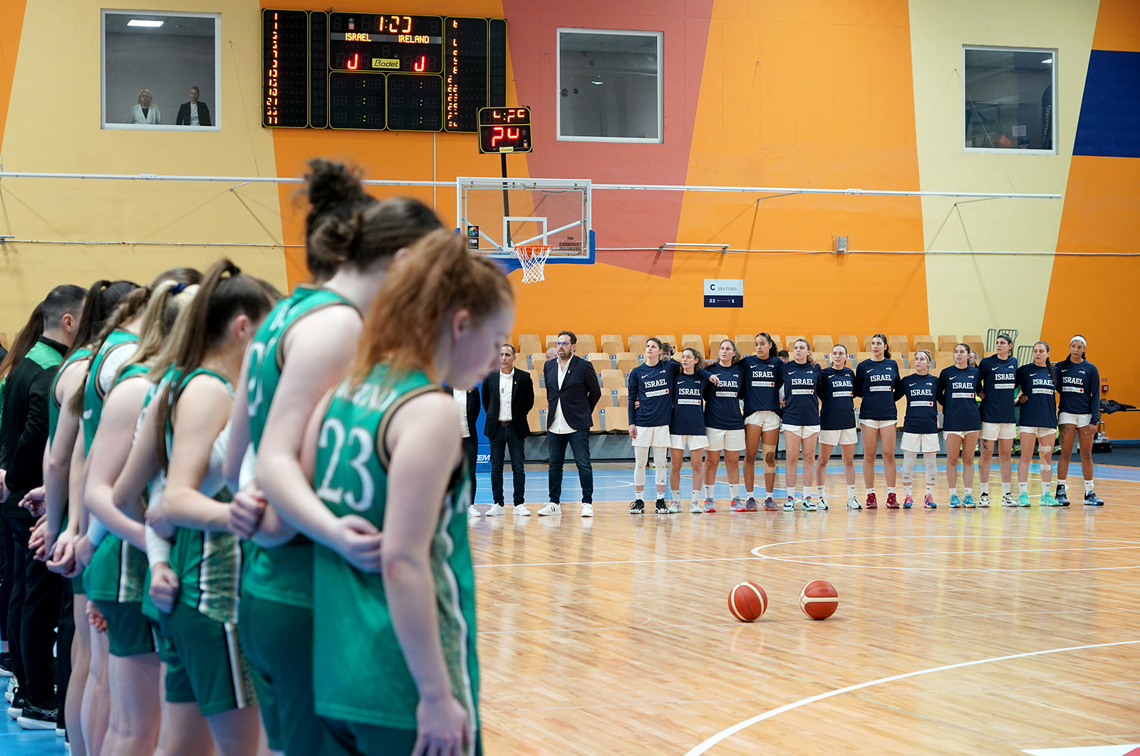 The Ireland team and Israel team before the FIBA Women's EuroBasket Championship Qualifier match at the Rimi Olympic Centre in Riga, Latvia on February 8.