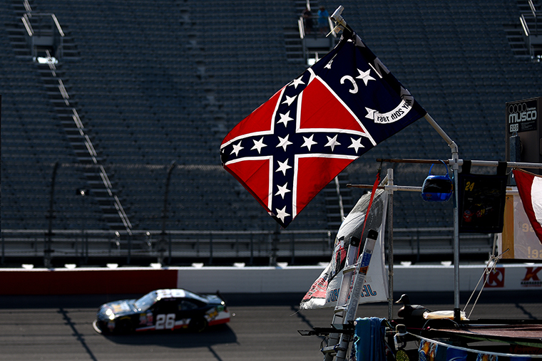 A view of a Confederate flags seen flying over the infield during practice for the NASCAR XFINITY Series VFW Sport Clips Help A Hero 200 at Darlington Raceway on September 4, 2015 in Darlington, South Carolina. 
