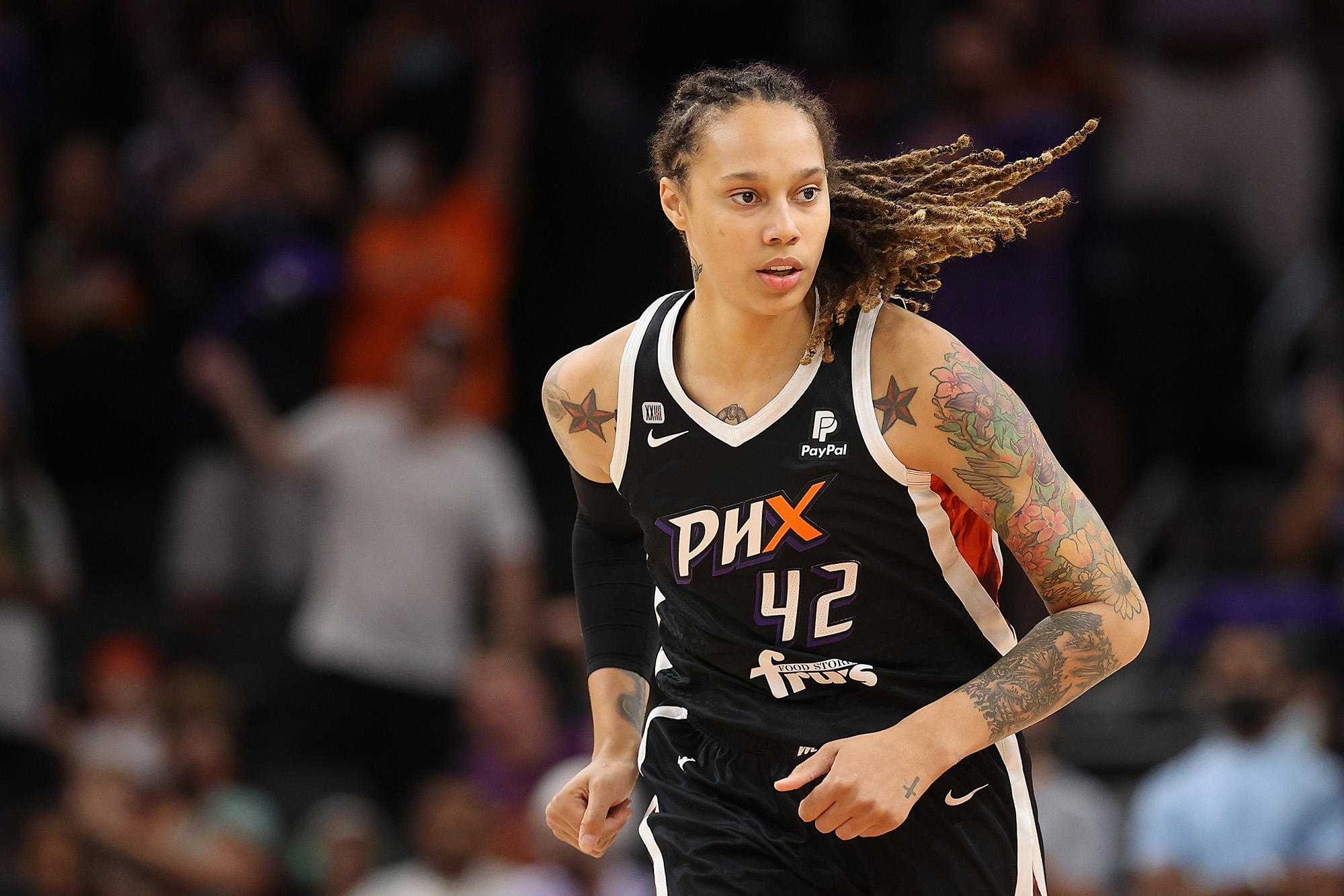 Brittney Griner #42 of the Phoenix Mercury during the first half in Game Four of the 2021 WNBA semifinals at Footprint Center on October 6 in Phoenix, Arizona. 