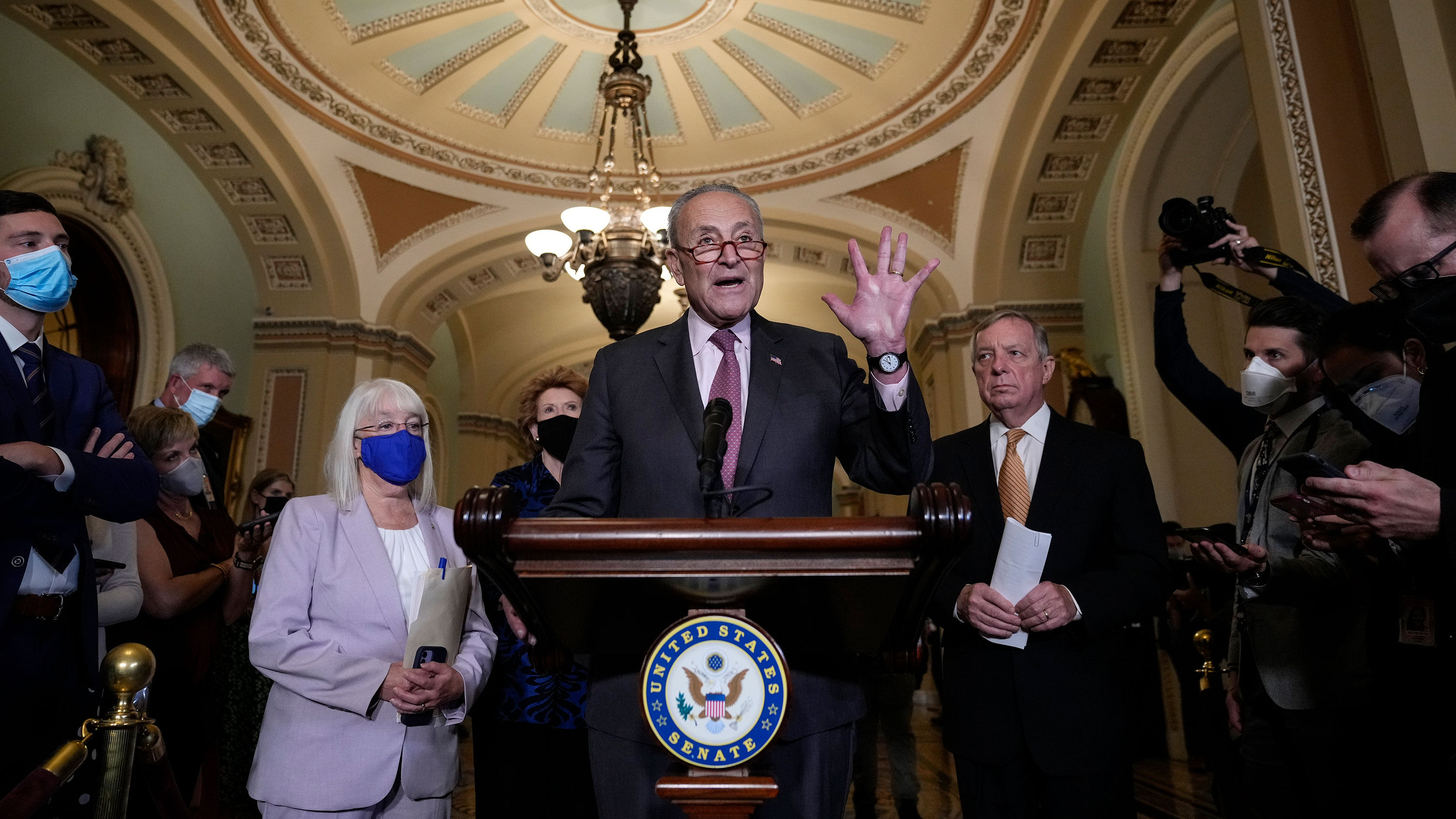 Sen. Chuck Schumer speaks to reporters after a lunch meeting with Senate Democrats at the Capitol in September.