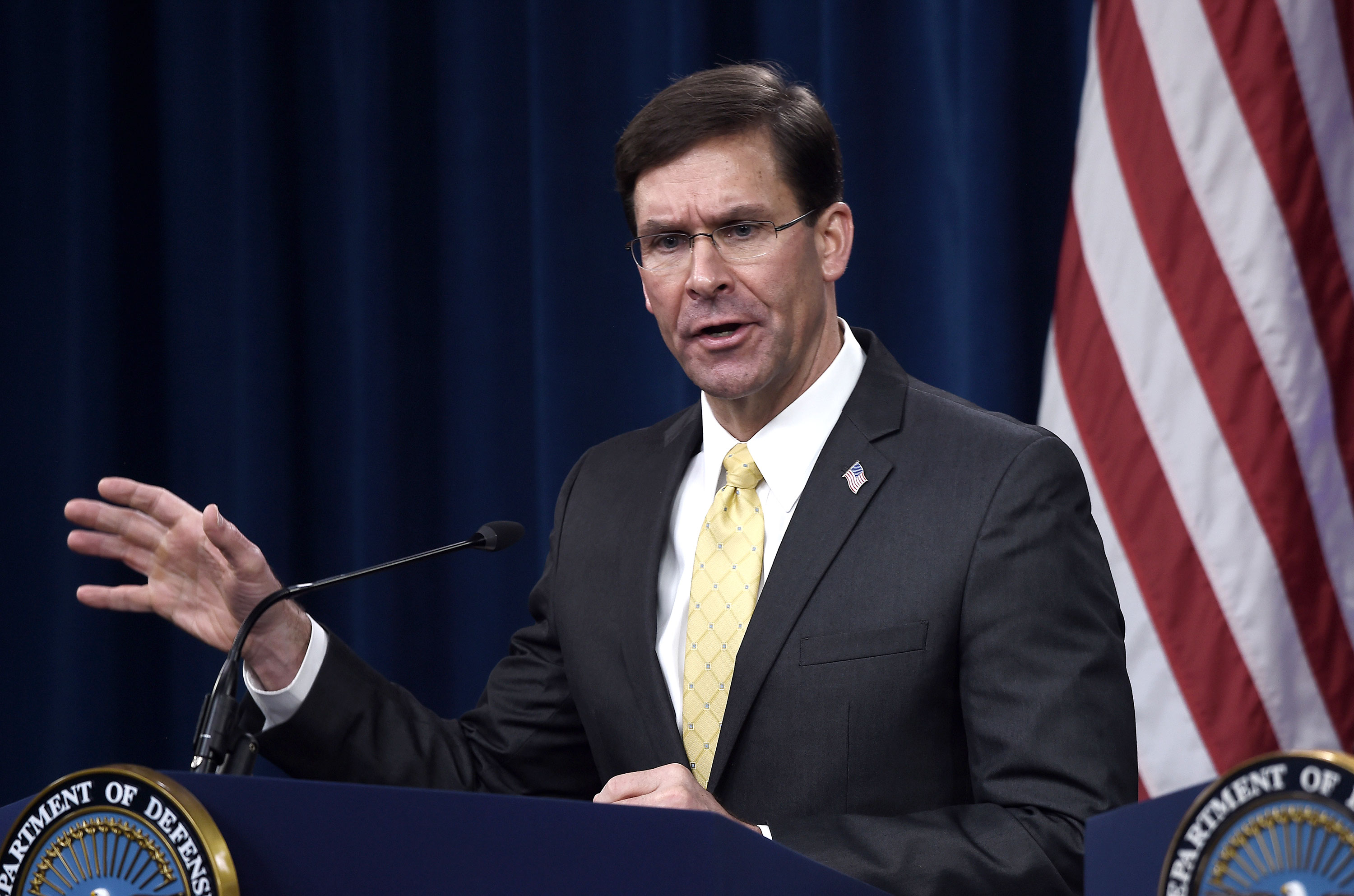 Defense Secretary Mark Esper speaks at a press conference on March 5 in Washington, DC. (Photo by Olivier DOULIERY / AFP) (Photo by OLIVIER DOULIERY/AFP via Getty Images)