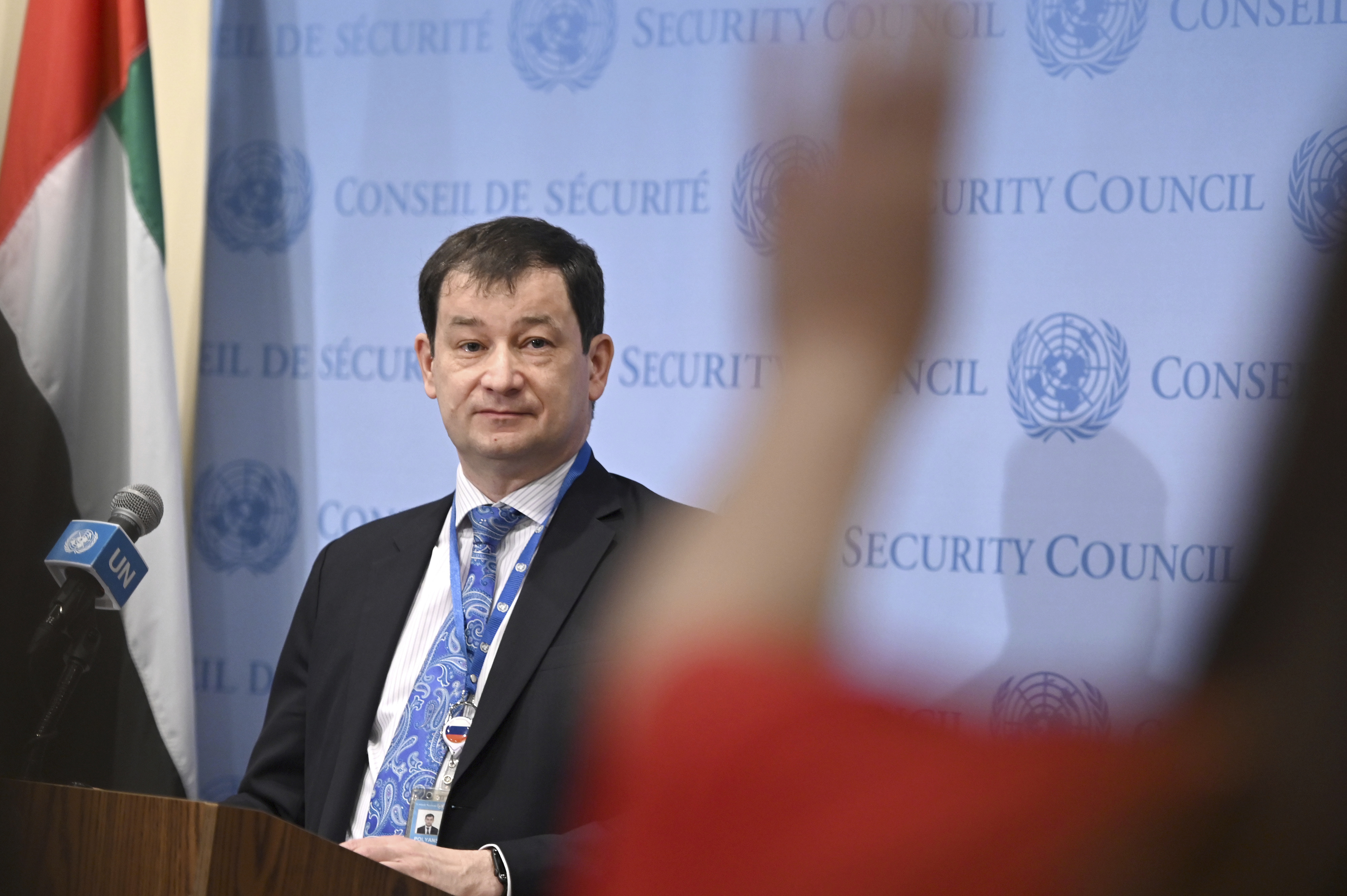 Dmitry Polyanskiy, First Deputy Permanent Representative of Russia's mission to the United Nations, during a news conference at the United Nations Headquarters in New York on April 25, 2022. 