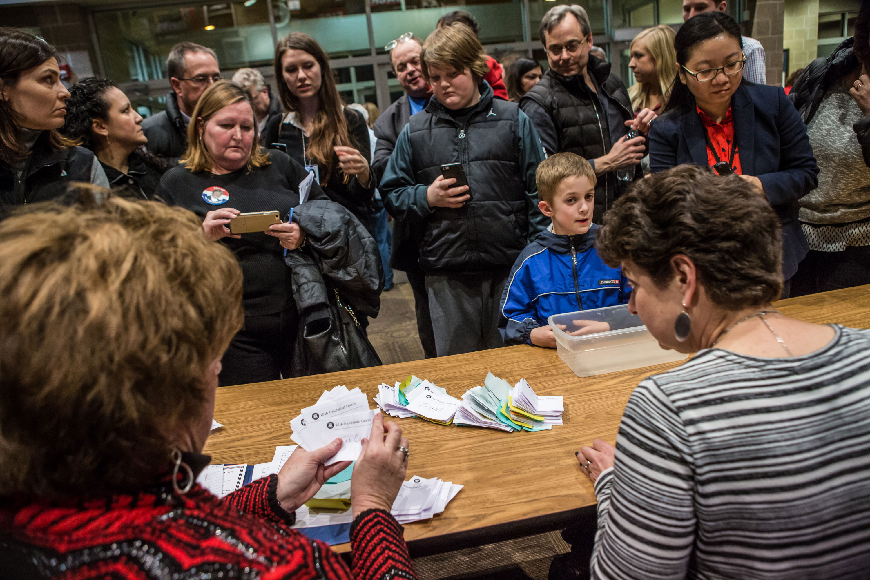 Ballots are counted in February 2016 following the Republican party caucus in precinct 317 in West Des Moines, Iowa.
