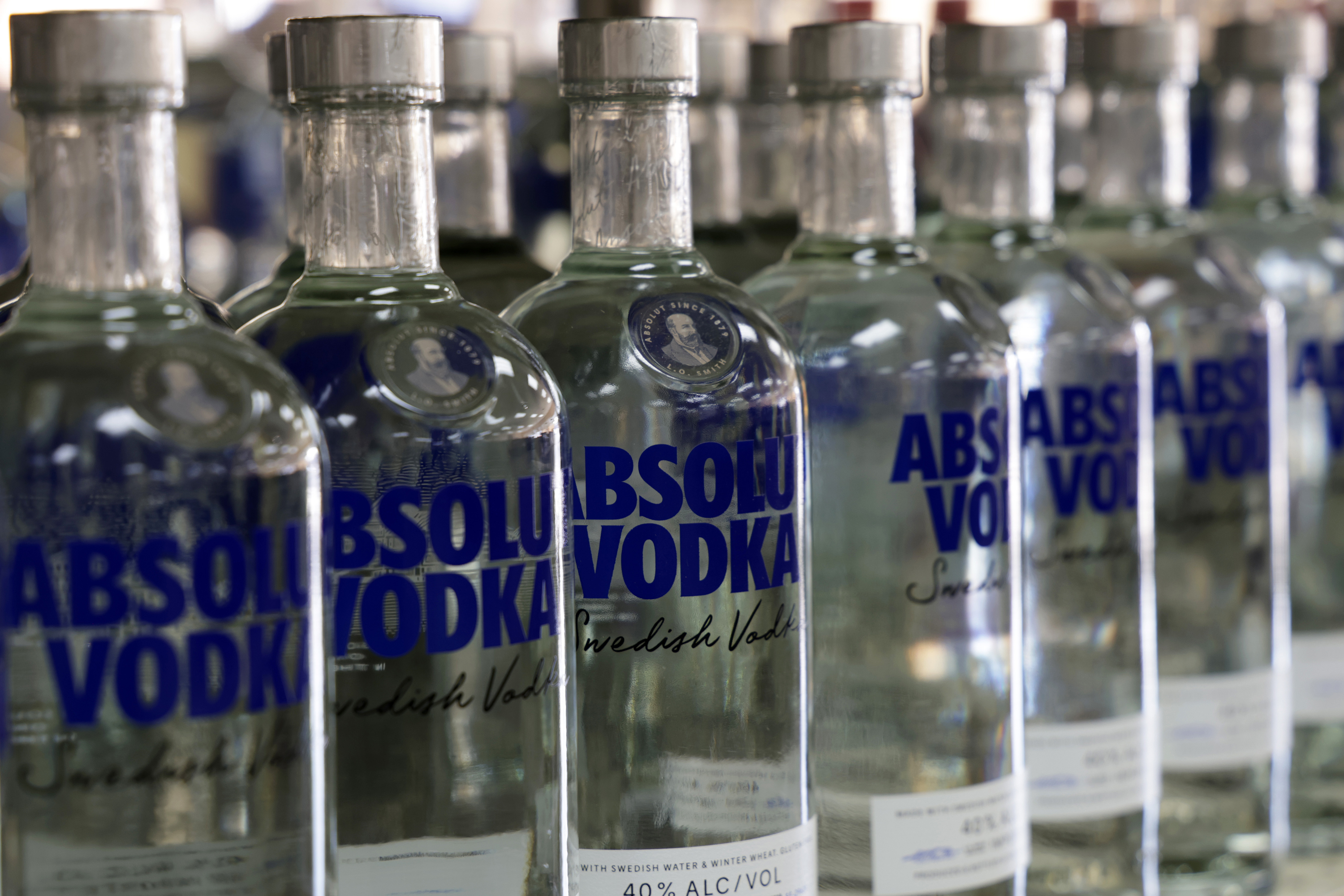 Bottles of Absolut Vodka are seen on a shelf in an ABC store on February 28, 2022 in Alexandria, Virginia.