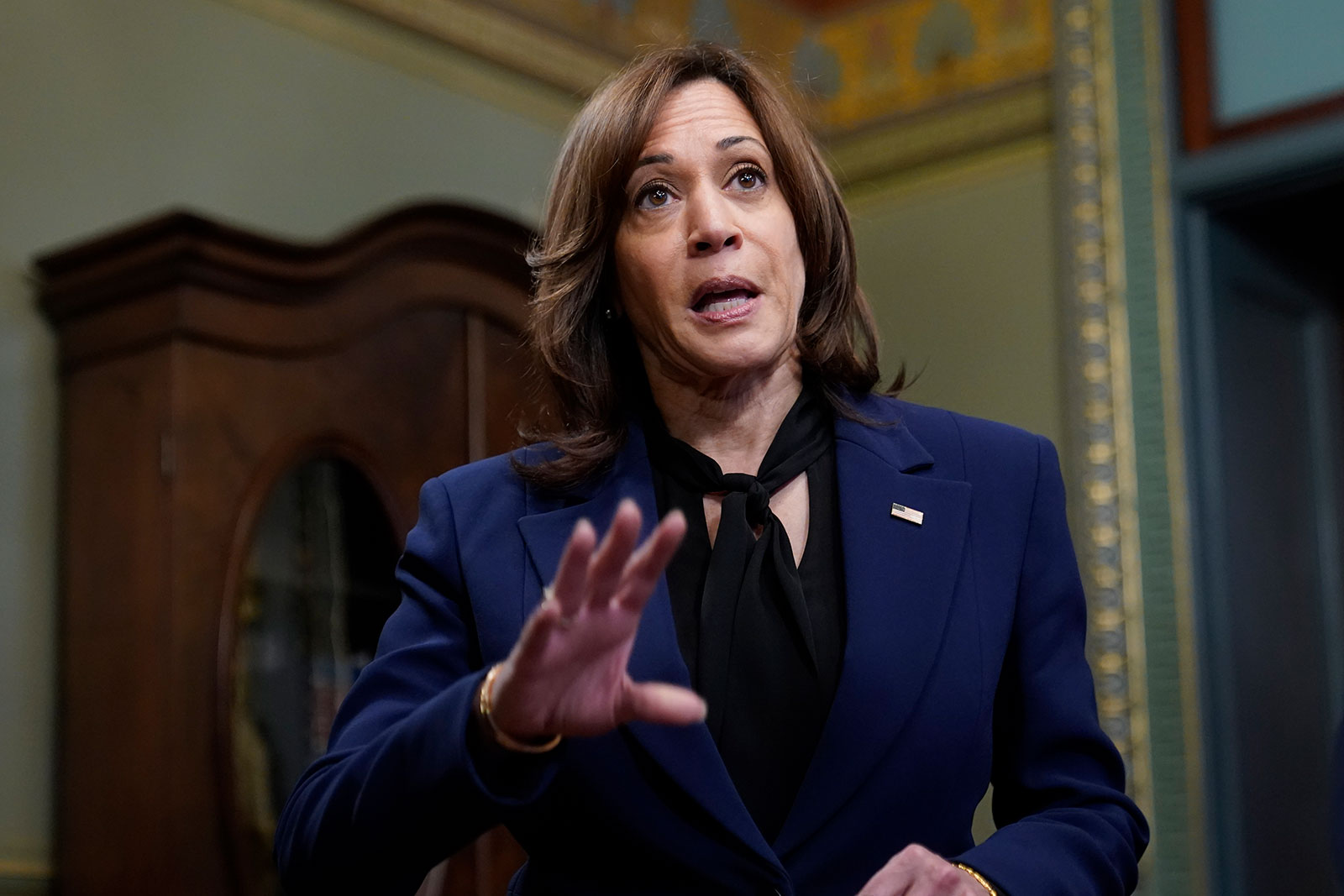 Vice President Kamala Harris speaks with members of the press after ceremonially swearing in Elizabeth Frawley Bagley as ambassador to Brazil on January 9. 