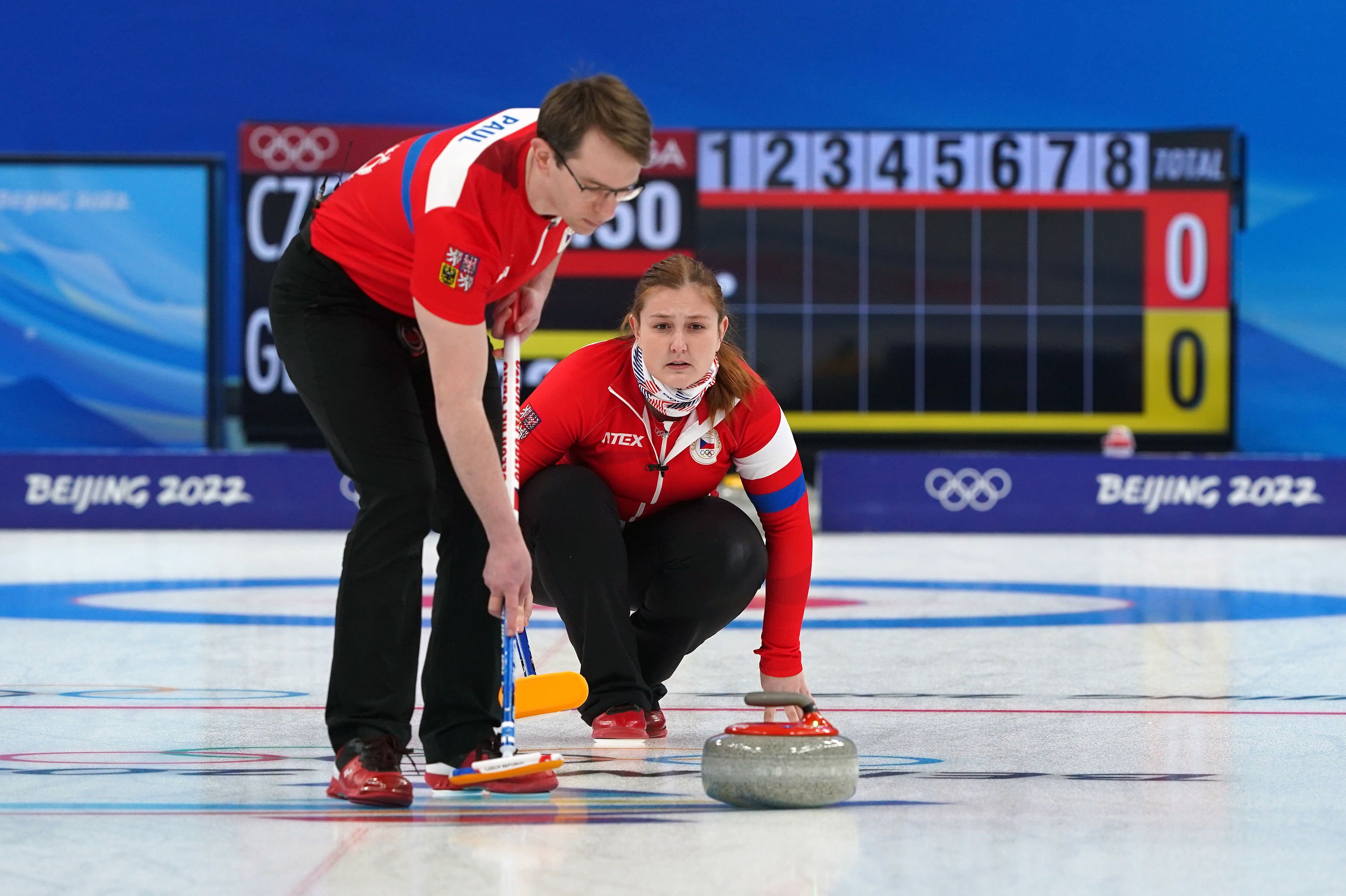 Czech Republic's Zuzana Paulova and Tomas Paul in action against Great Britain's Jennifer Dodds and Bruce Mouat during the Mixed Doubles Round Robin Session 8 Olympic Curling on February 5.