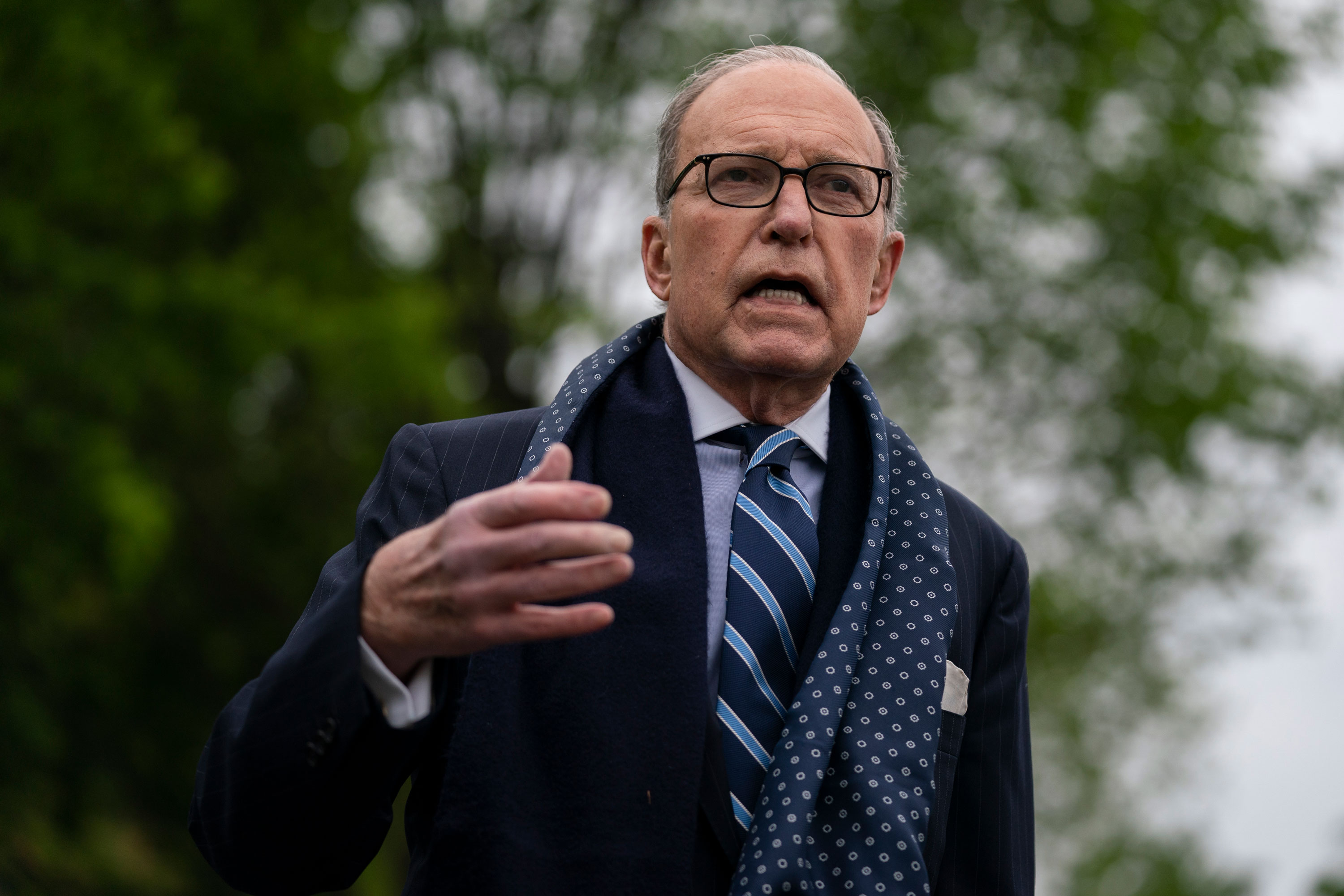 White House chief economic adviser Larry Kudlow talks to reporters about the coronavirus, at the White House, April 20, in Washington. 
