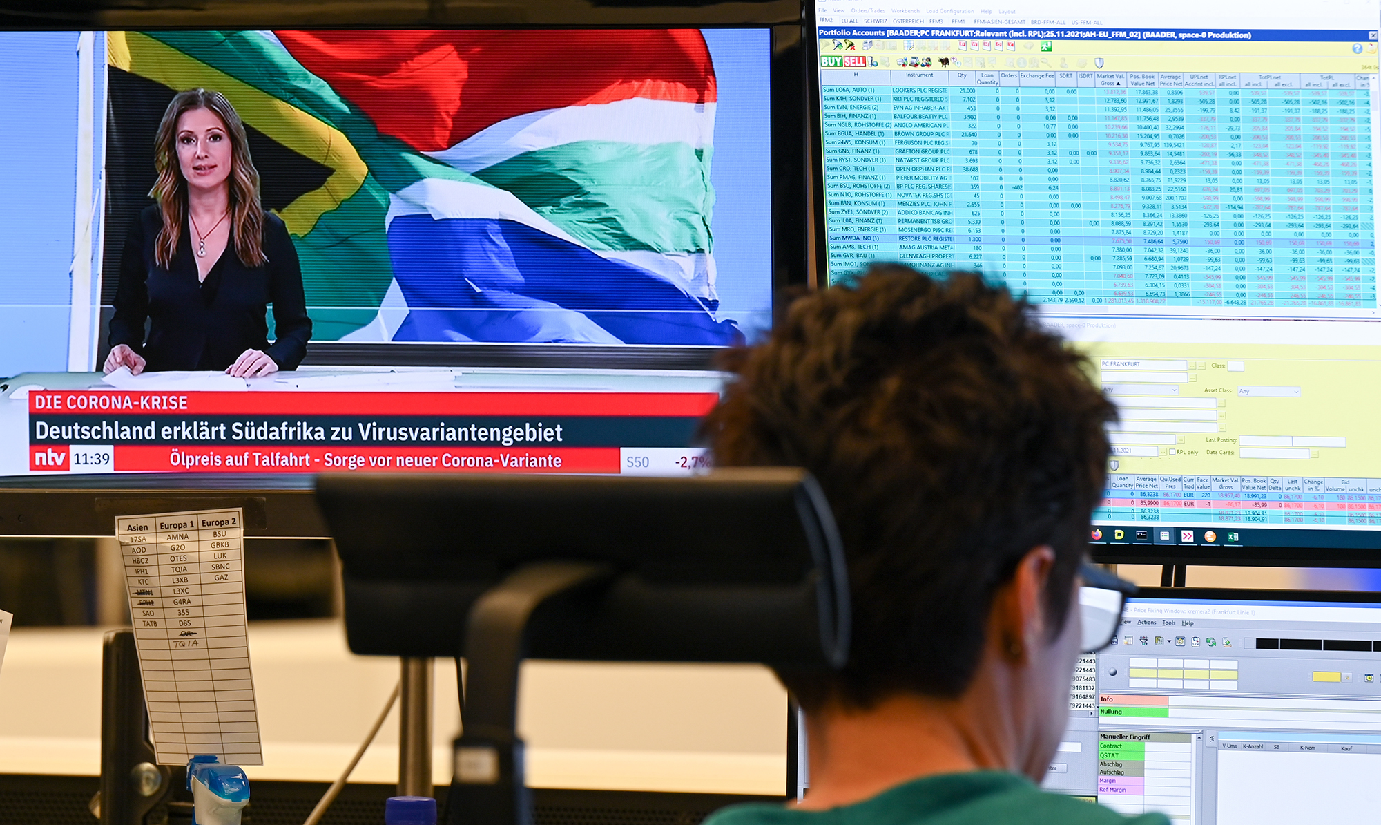 A stock trader looks at his monitors in the trading room of the Frankfurt Stock Exchange. Worries about a new coronavirus mutation in southern Africa have dealt a heavy blow to the German stock market on 26th November 2021