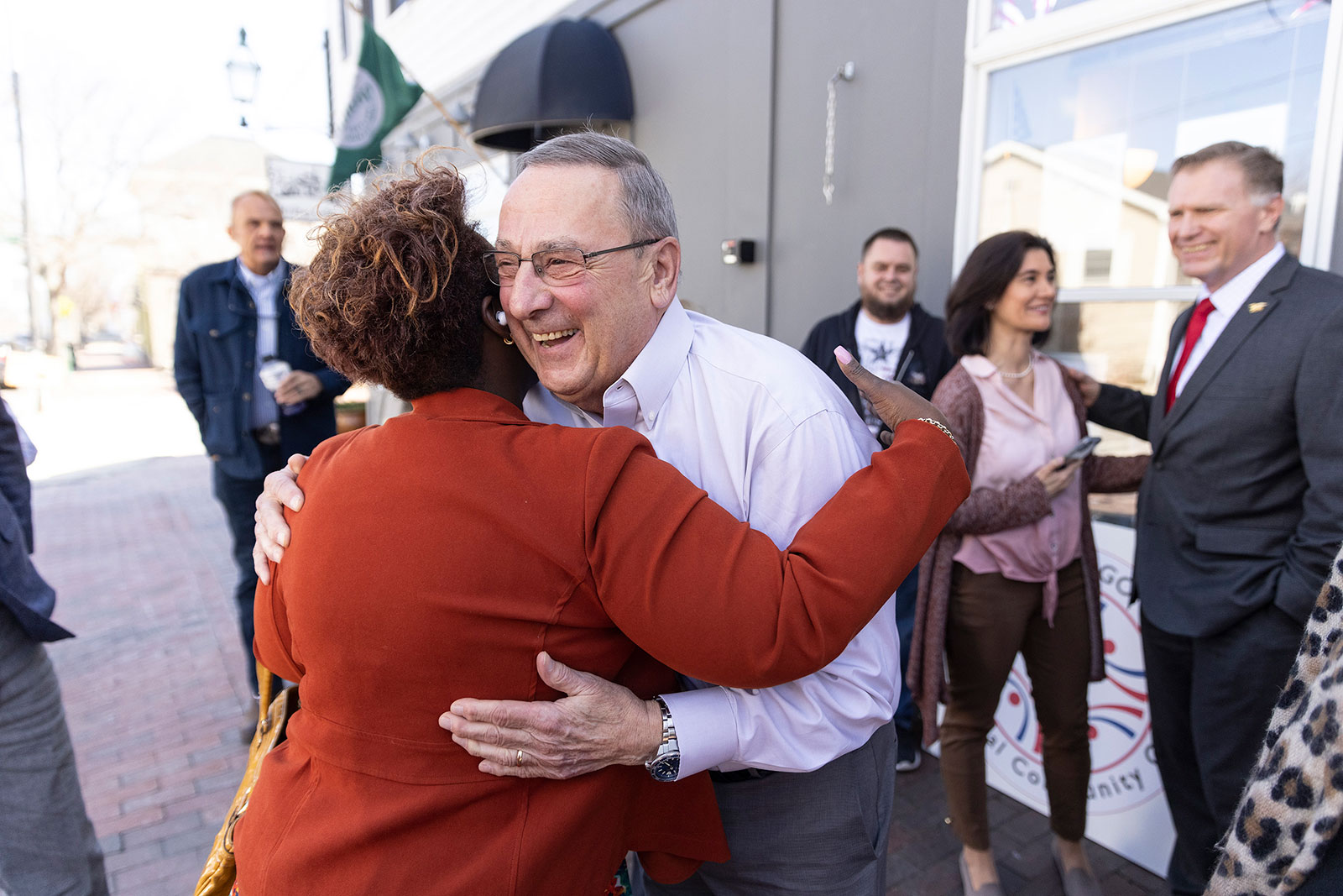 Former Gov. Paul LePage greets people after speaking at a grand opening held by the Maine Republican Party in Portland, Maine, on April 5. 