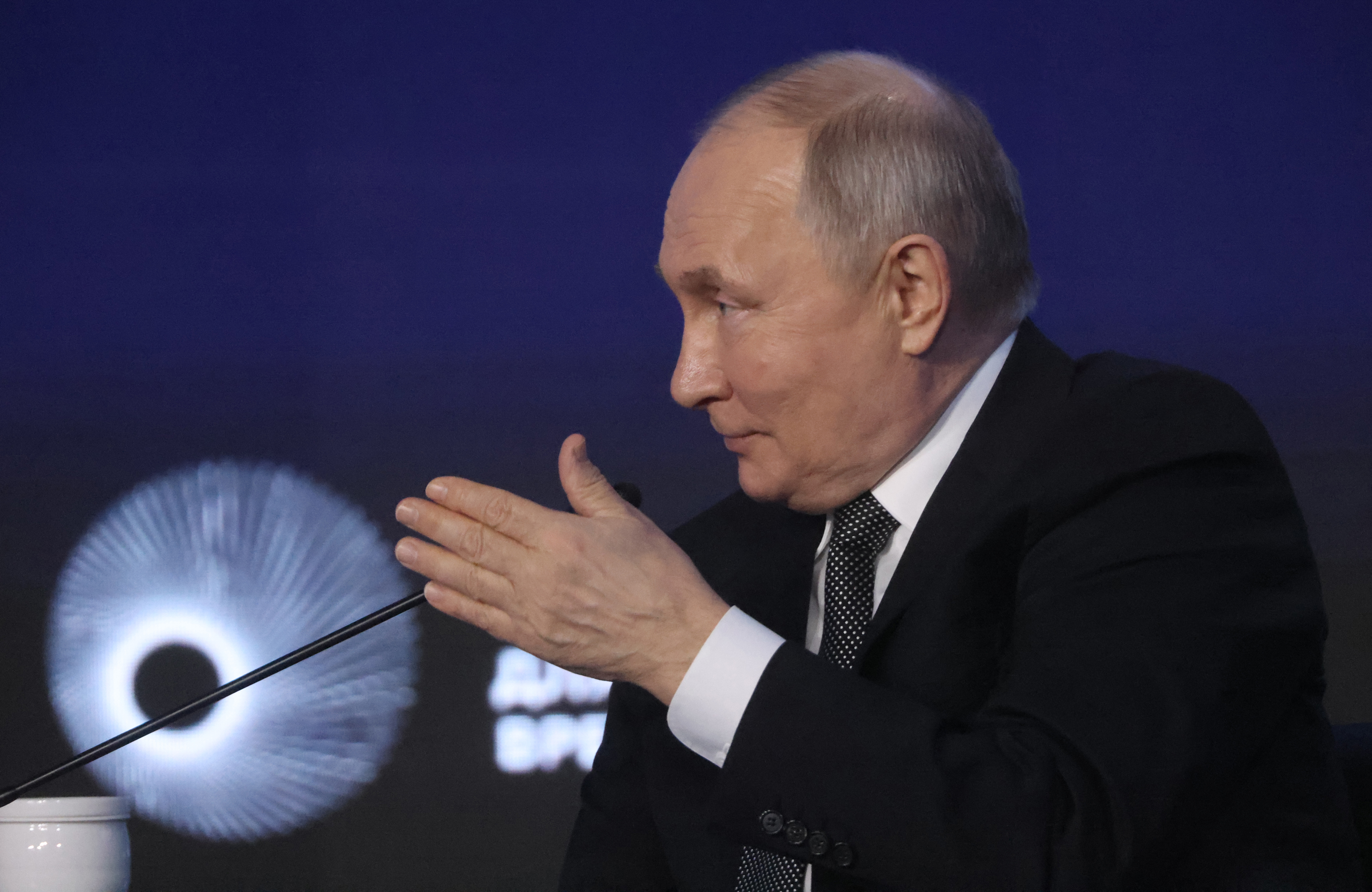 Russian President Vladimir Putin talks during the Strong Ideas For The New Times Forum in Moscow, Russia on February 20.