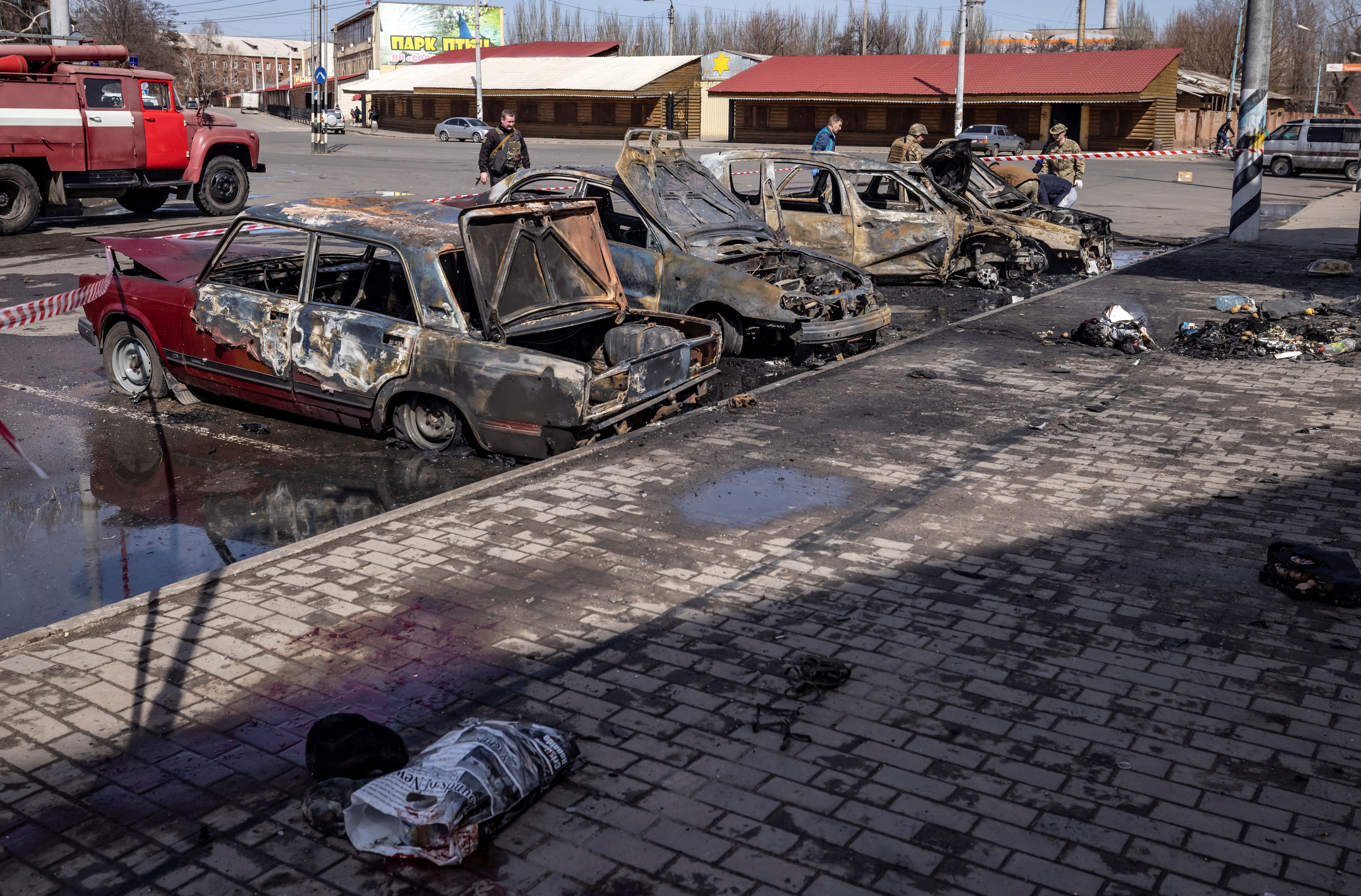 Calcinated cars are pictured outside a train station in Kramatorsk, Ukraine, after it was hit by a rocket attack on April 8.