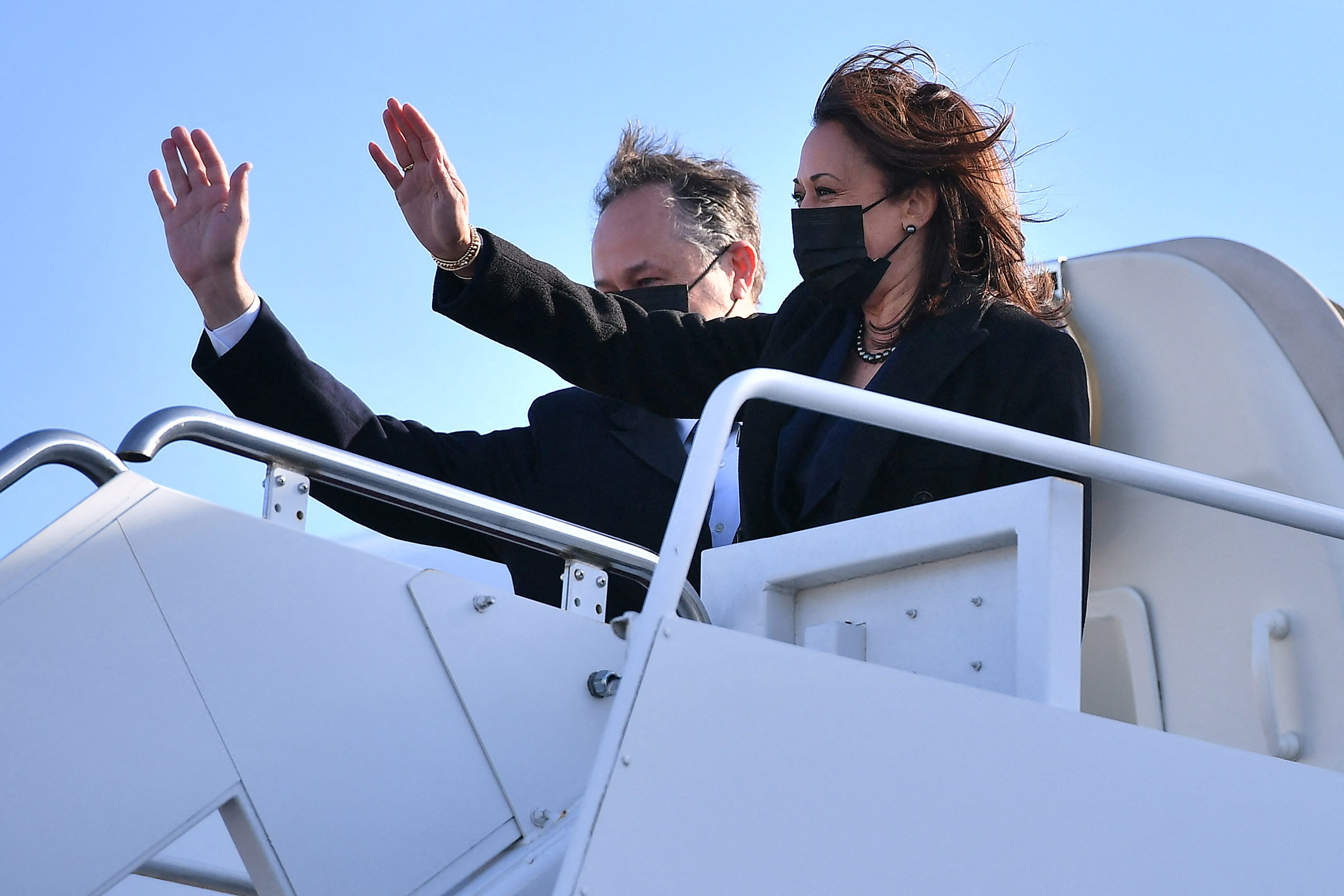 Vice President Kamala Harris and Second Gentleman Doug Emhoff depart from Joint Base Andrews in Maryland, on March 15. 