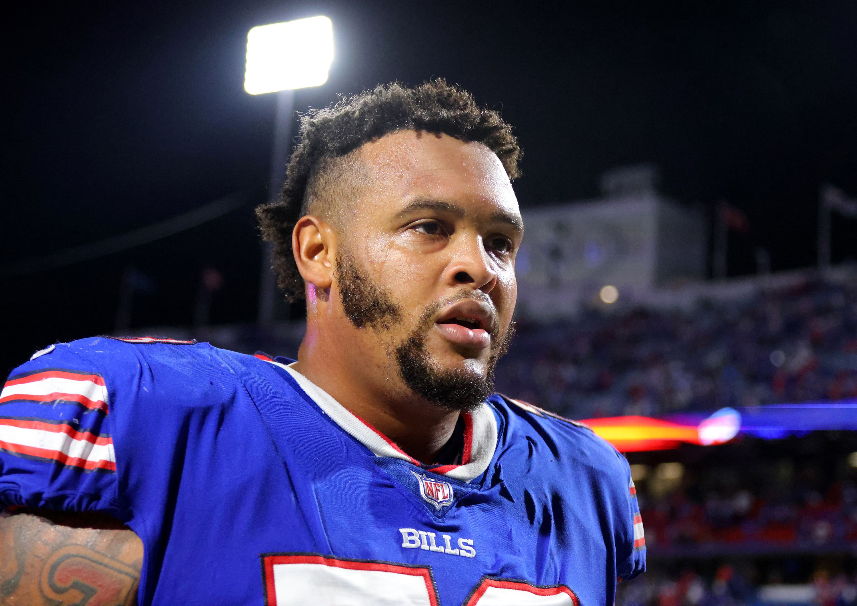 Buffalo Bills offensive tackle Dion Dawkins after a game against the Tennessee Titans at Highmark Stadium in Orchard Park, New York, Sept. 19.