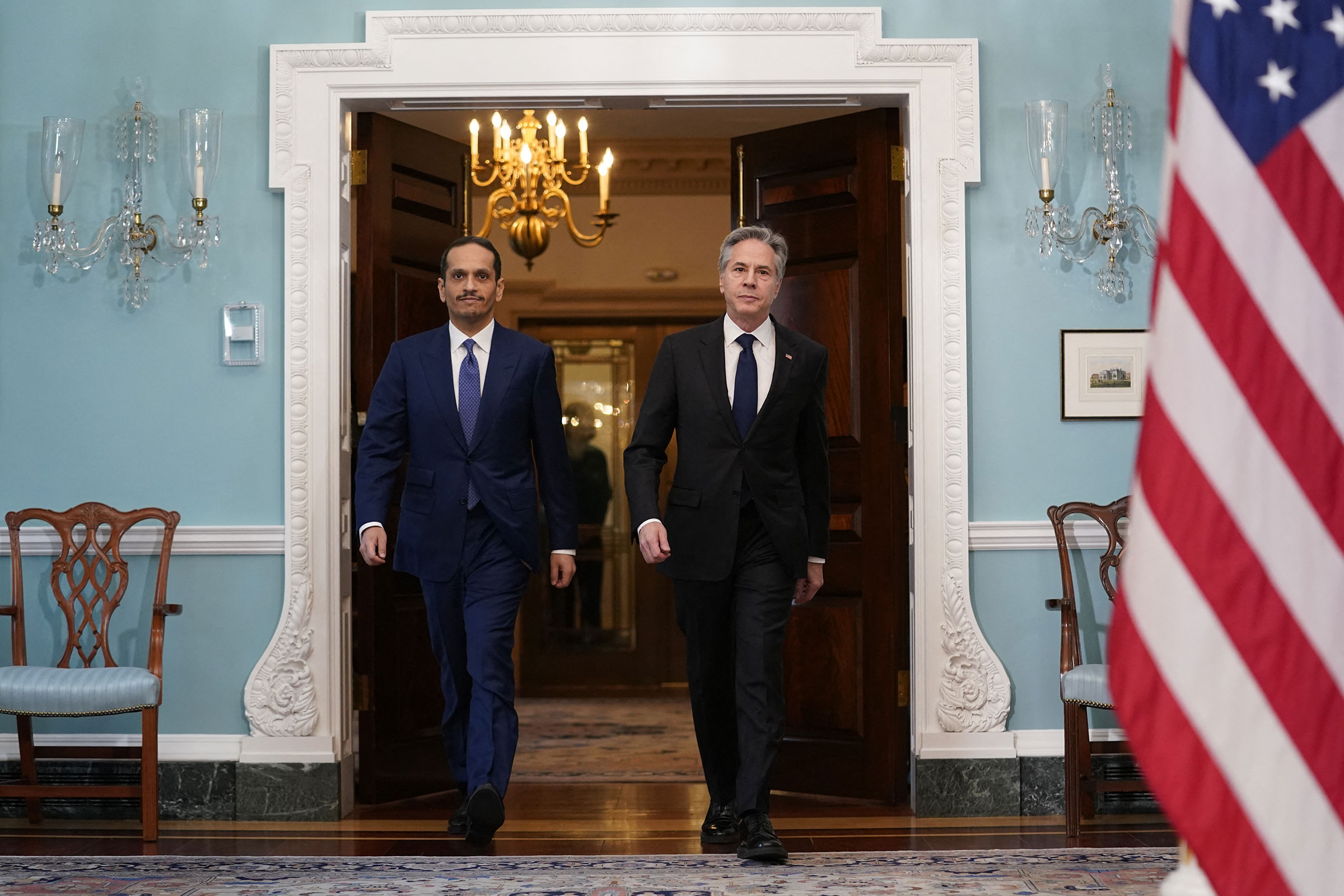 US Secretary of State Antony Blinken and Qatari Prime Minister and Minister of Foreign Affairs Sheikh Mohammed bin Abdulrahman bin Jassim al-Thani arrive to speak to the press in the Treaty Room of the State Department in Washington, DC, on March 5.