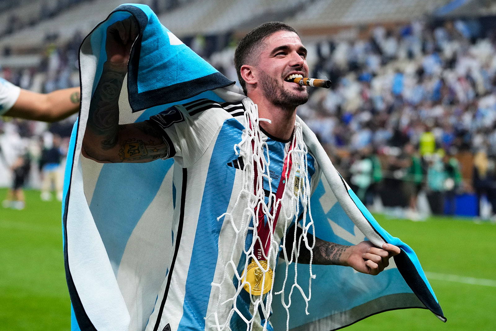 Argentina's Rodrigo De Paul celebrates winning the World Cup final soccer match on Sunday at Lusail Stadium. 