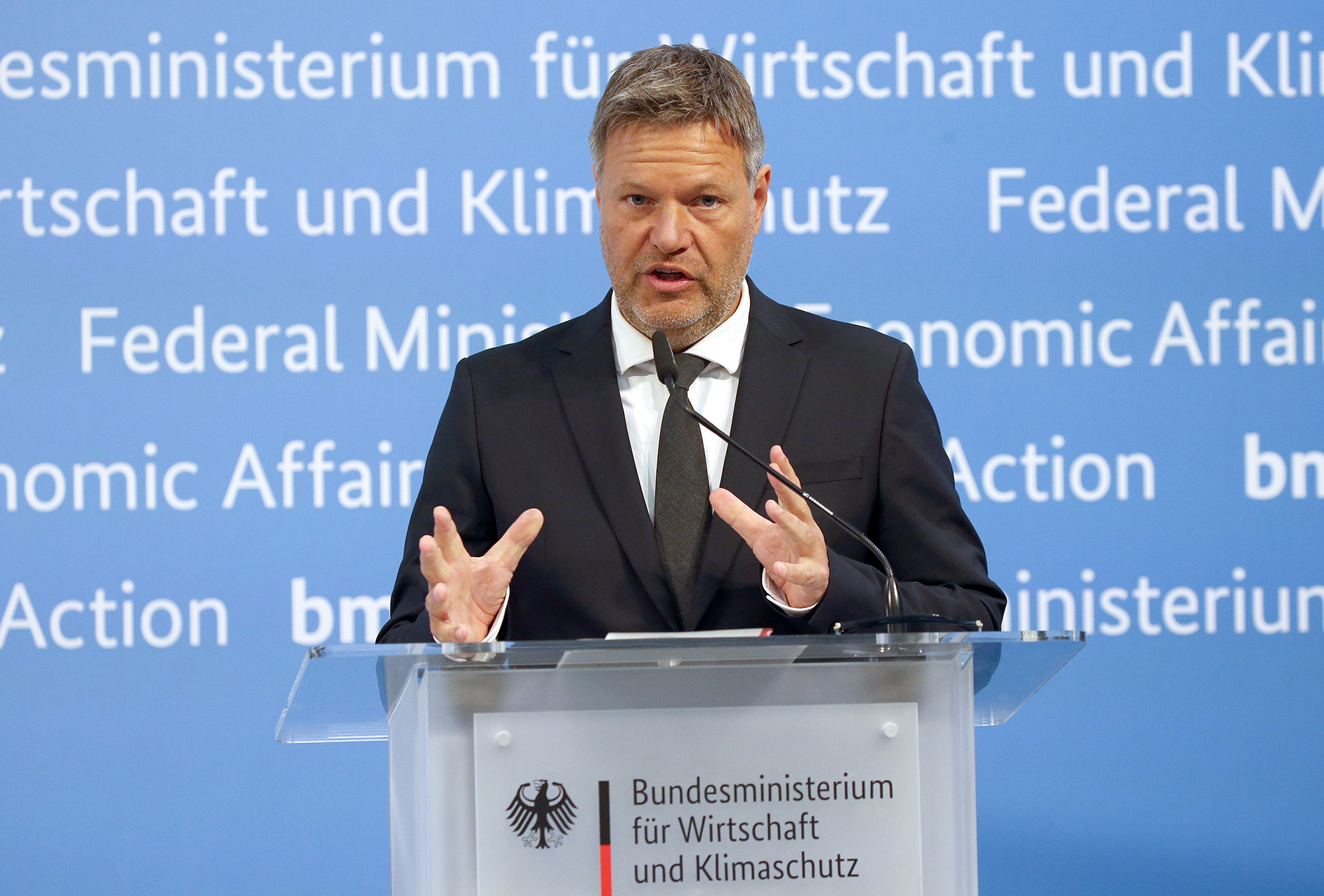Robert Habeck, Federal Minister of Economics, gives a statement in his ministry in Berlin, Germany, on the Russian sanctions in the energy sector on May 12.