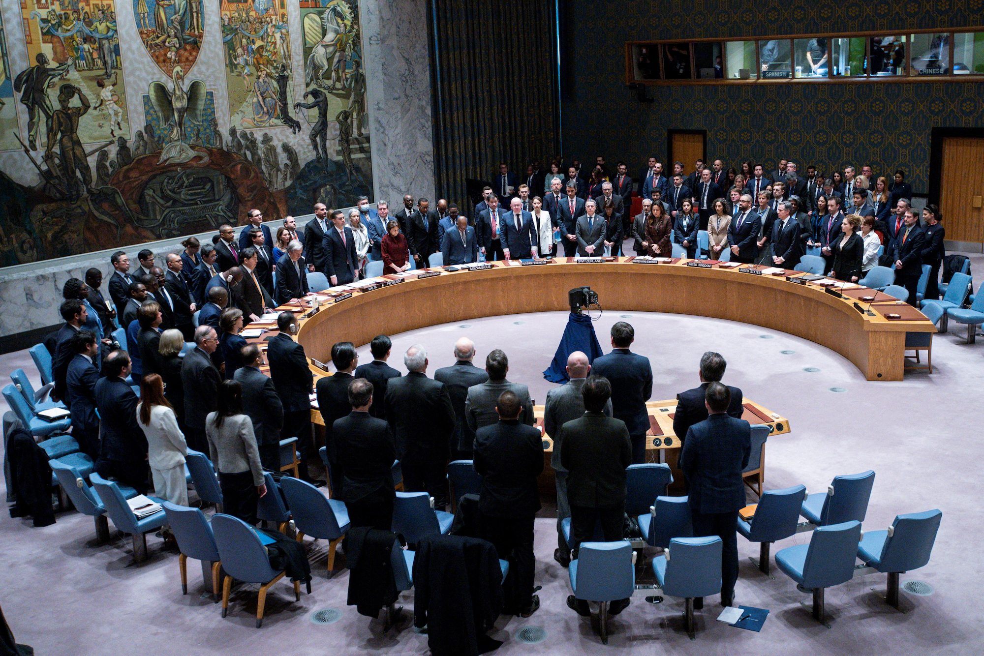 Representatives observe a minute of silence during a meeting at the United Nations Security Council at UN headquarters on February 24.