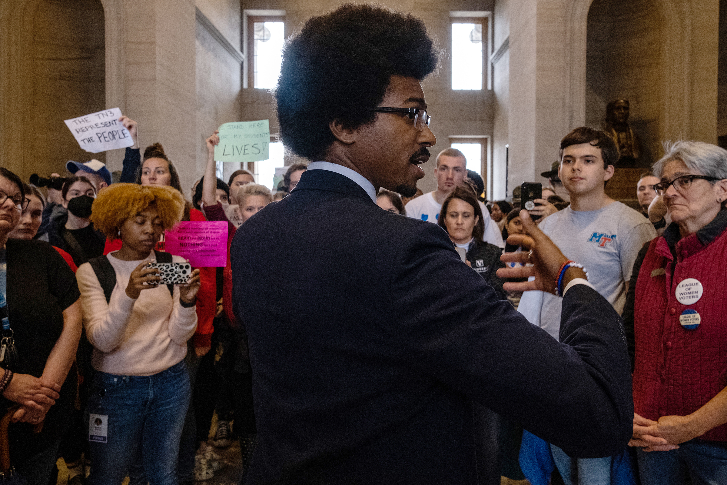 Democratic state Rep. Justin Pearson of Memphis speaks with supporters after being expelled from the state Legislature on April 6 in Nashville.