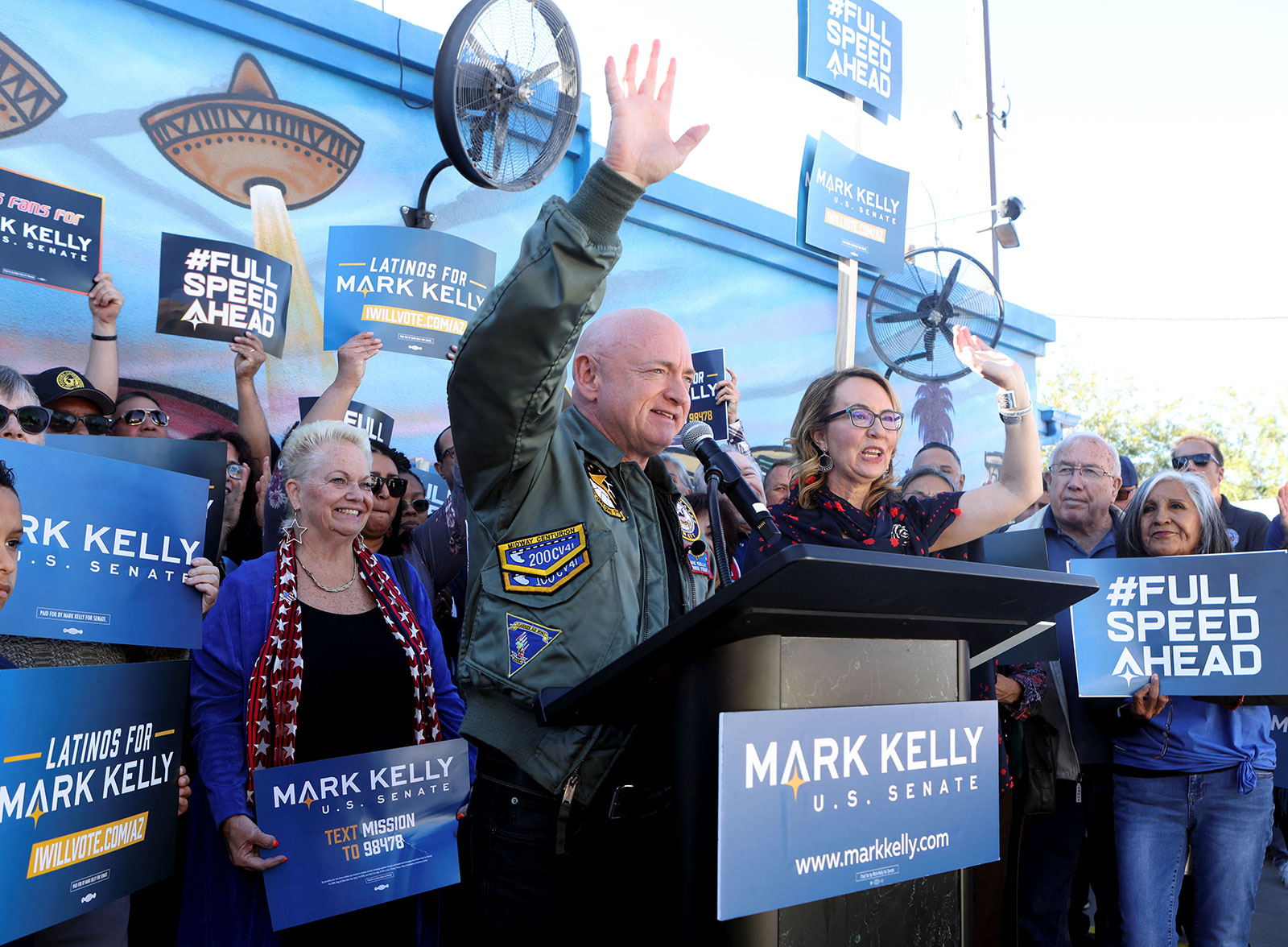 Sen. Mark Kelly speaks in Phoenix, Arizona, on November 12. 