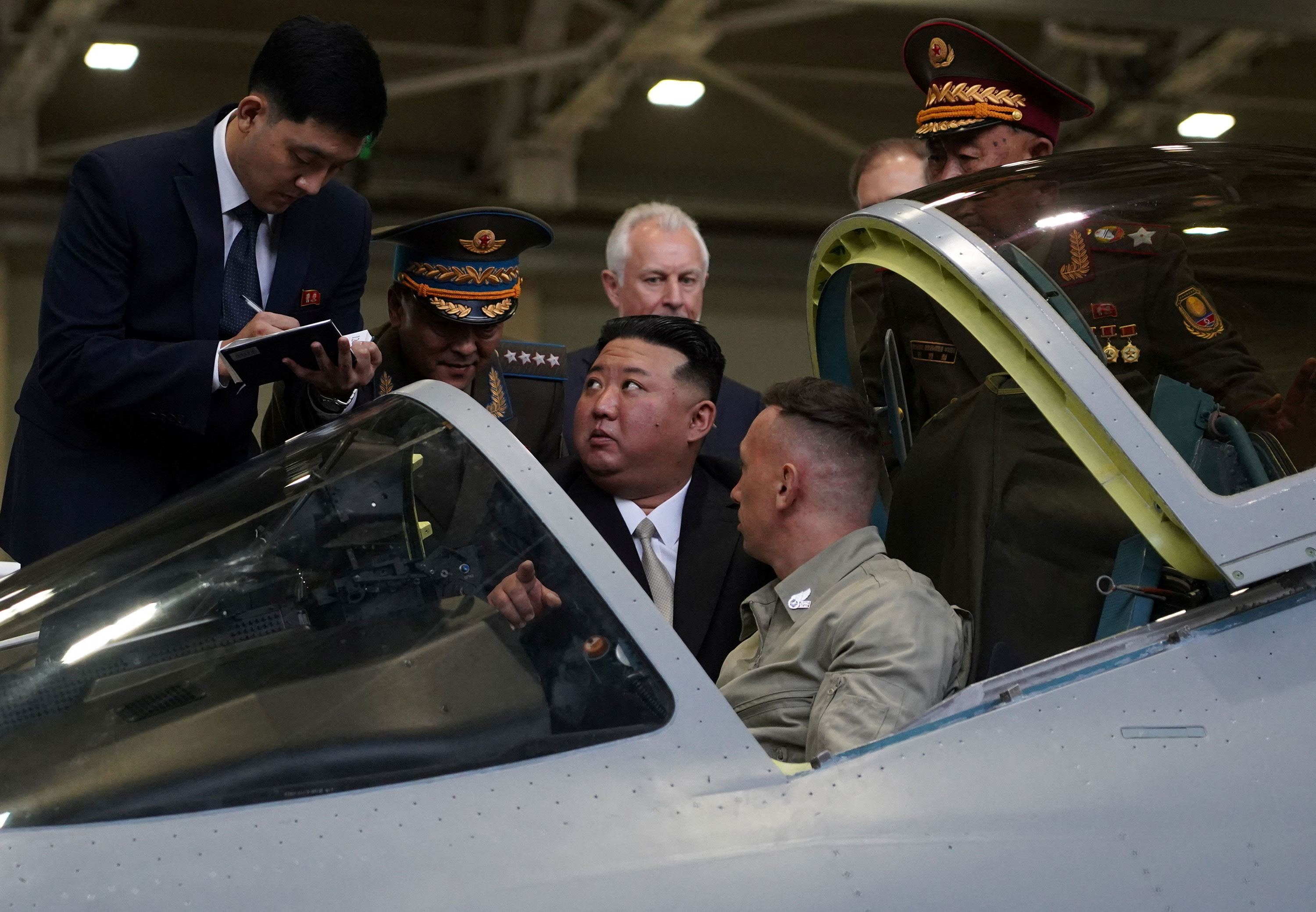 North Korean leader Kim Jong Un visits an aircraft manufacturing plant in the city of Komsomolsk-on-Amur in the Khabarovsk region, Russia, on September 15. 