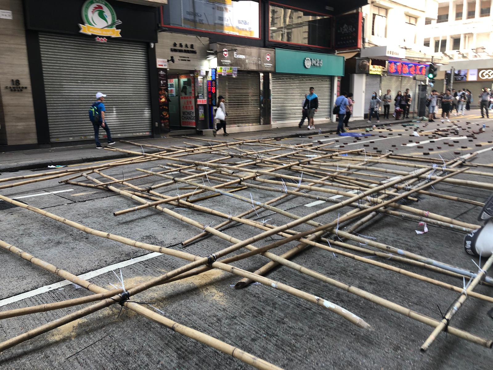 Bamboo poles on the ground in Tsim Sha Tsui, Hong Kong, on November 18, 2019.