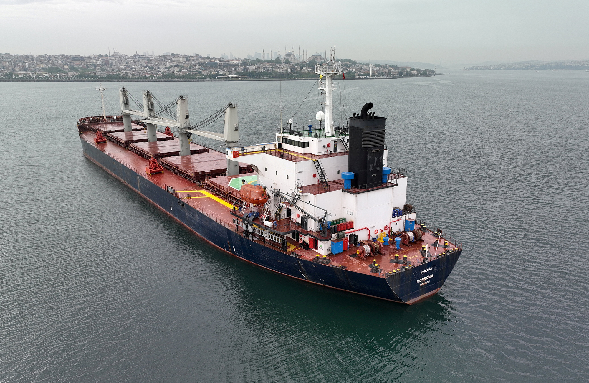 Liberia-flagged bulker Eneida, carrying grain under UN's Black Sea grain initiative, waits for inspection in the southern anchorage of Istanbul, Turkey, on May 17, 2023.