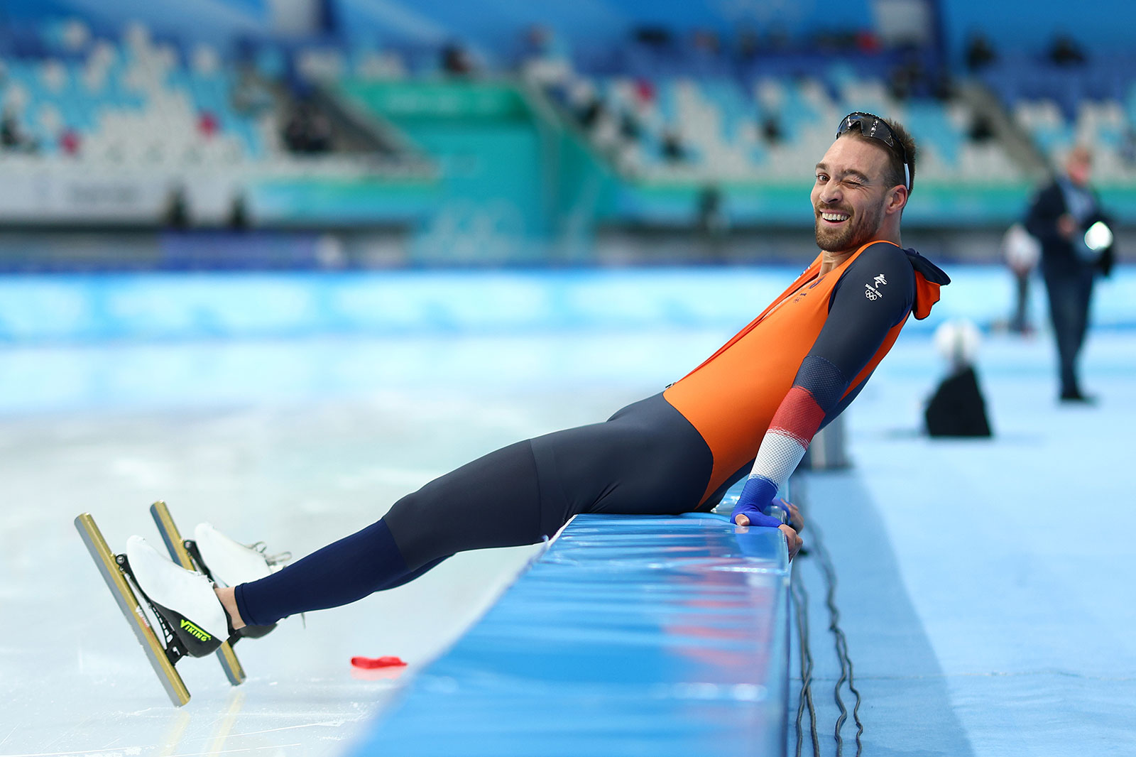 Dutch speed skater Kjeld Nuis smiles after setting a new Olympic record in the 1,500m event on February 8. 