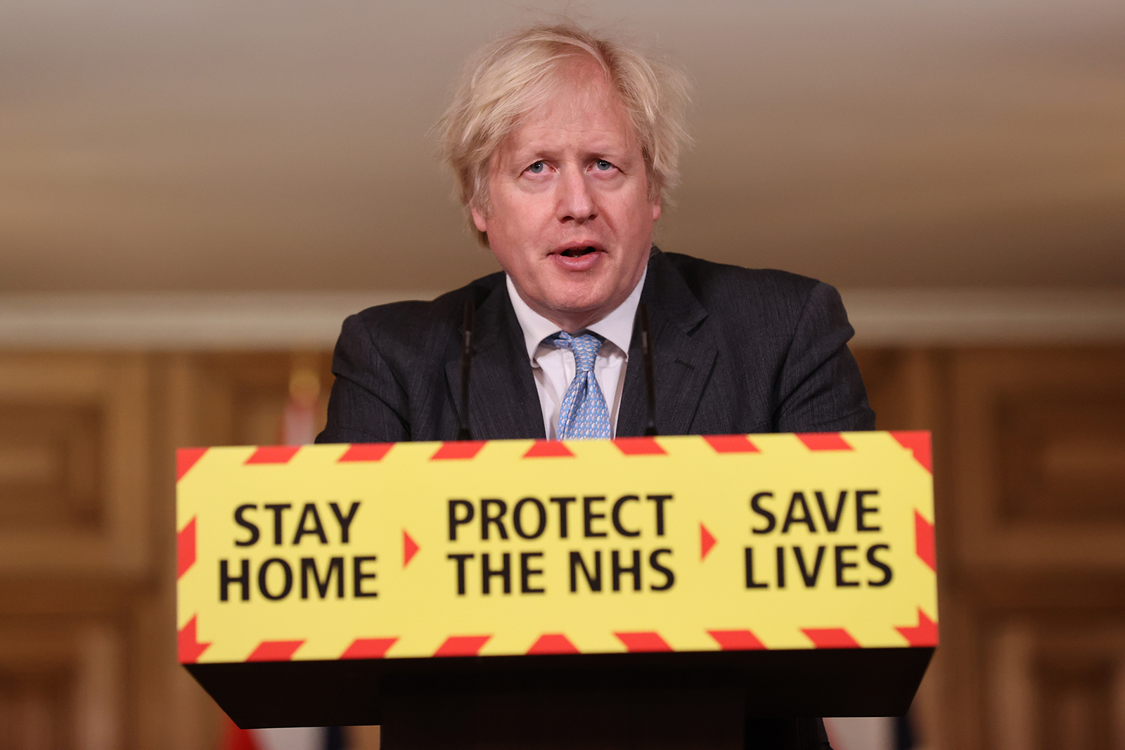 Prime Minister Boris Johnson speaks at a virtual news conference in London, on Ferbruary 10.
