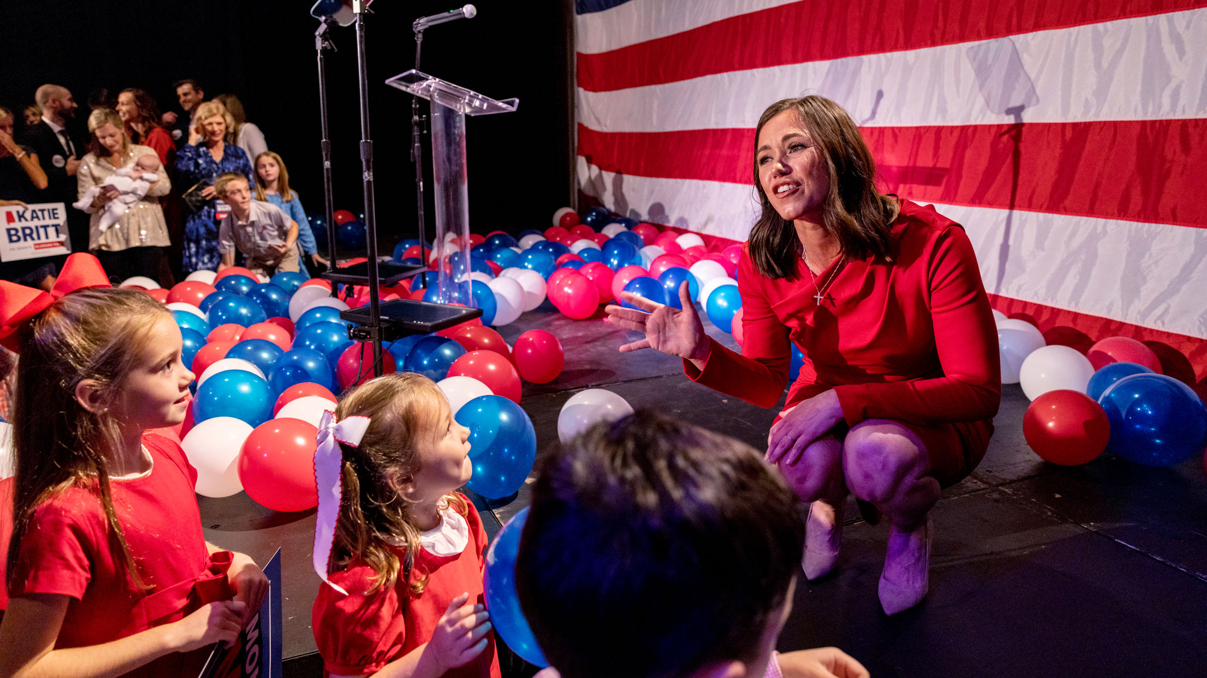 Katie Britt greets children at her election night watch party in Montgomery, Alabama, on Tuesday.
