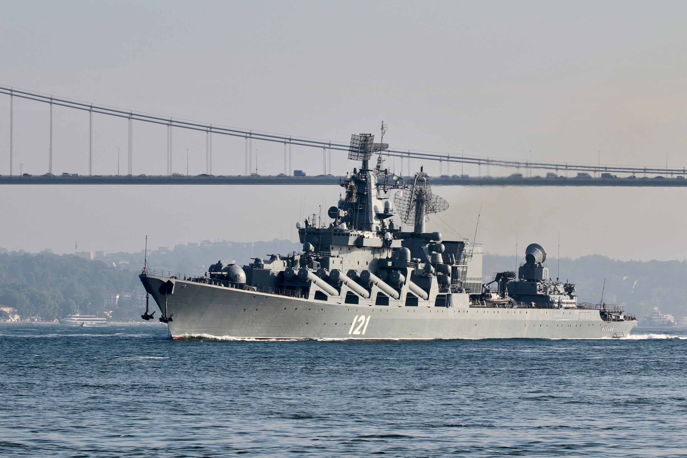 The Russian Navy's guided missile cruiser Moskva sails in the Bosphorus, on its way to the Mediterranean Sea, in Istanbul, on June 18, 2021. 