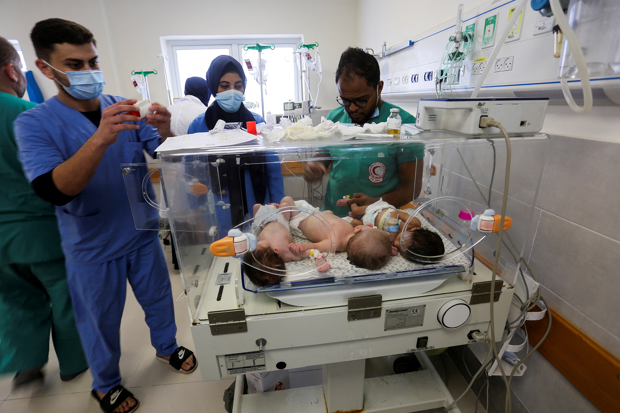 Premature babies which were evacuated from an incubator in Al Shifa Hospital receive treatment at a hospital in Rafah, southern Gaza, on November 19.