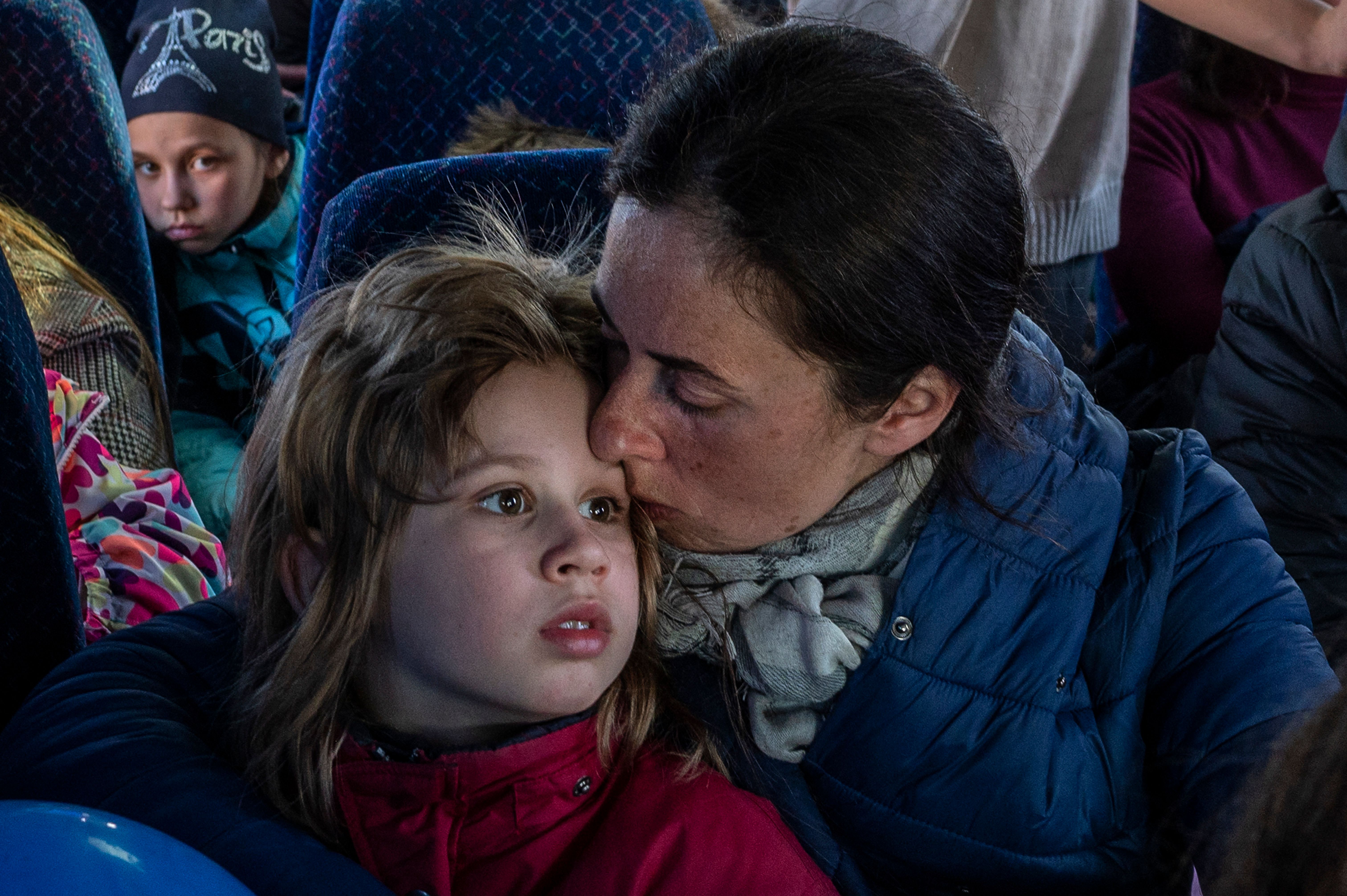 Ukrainian refugees on a bus at the Medyka border crossing in Poland, on March 28. 