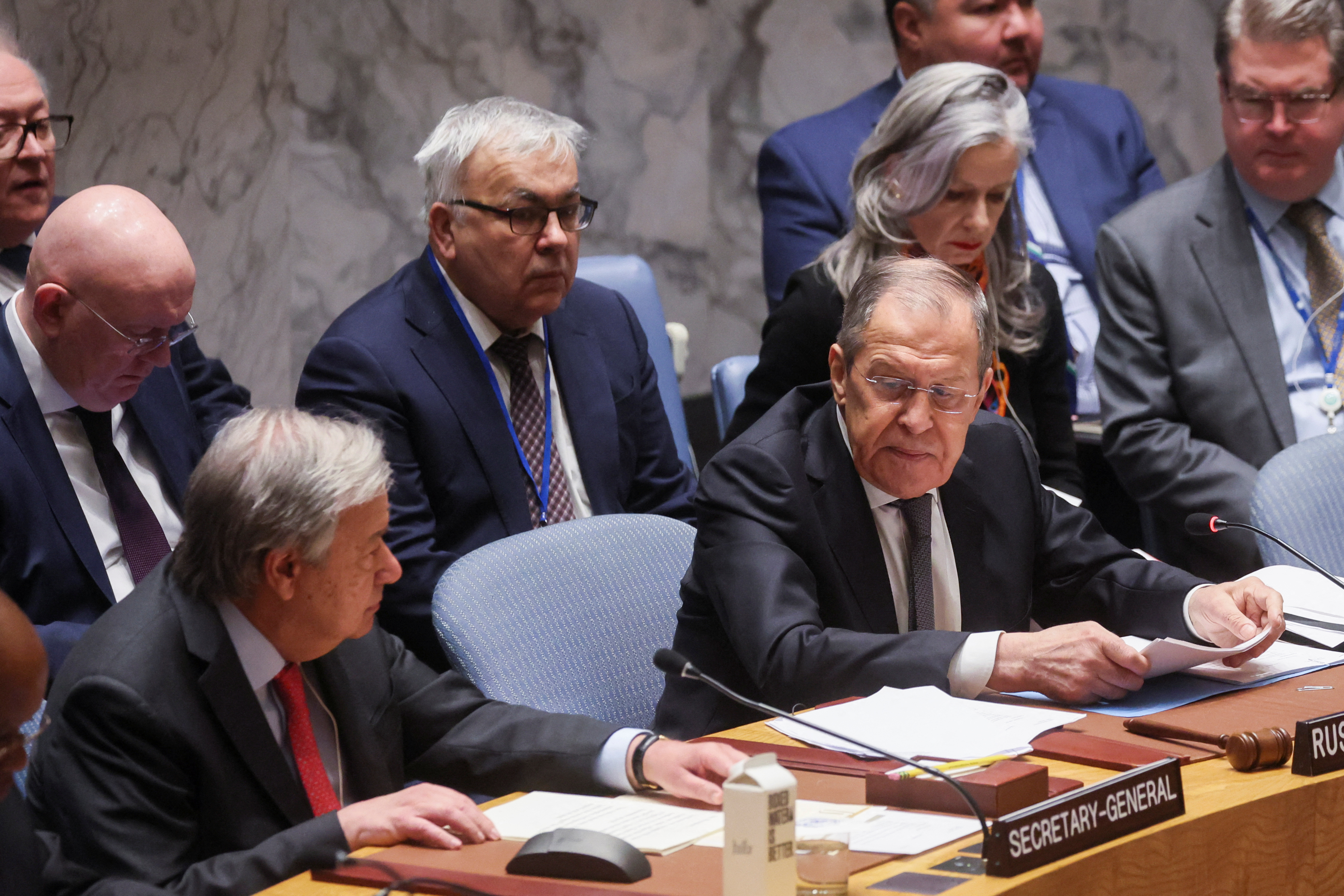 United Nations Secretary-General Antonio Guterres, left, and Russian Foreign Minister Sergei Lavrov attend a meeting of the United Nations Security Council on "Effective multilateralism through the defence of the principles of the Charter of the United Nations," at the U.N. headquarters in New York, on April 24.